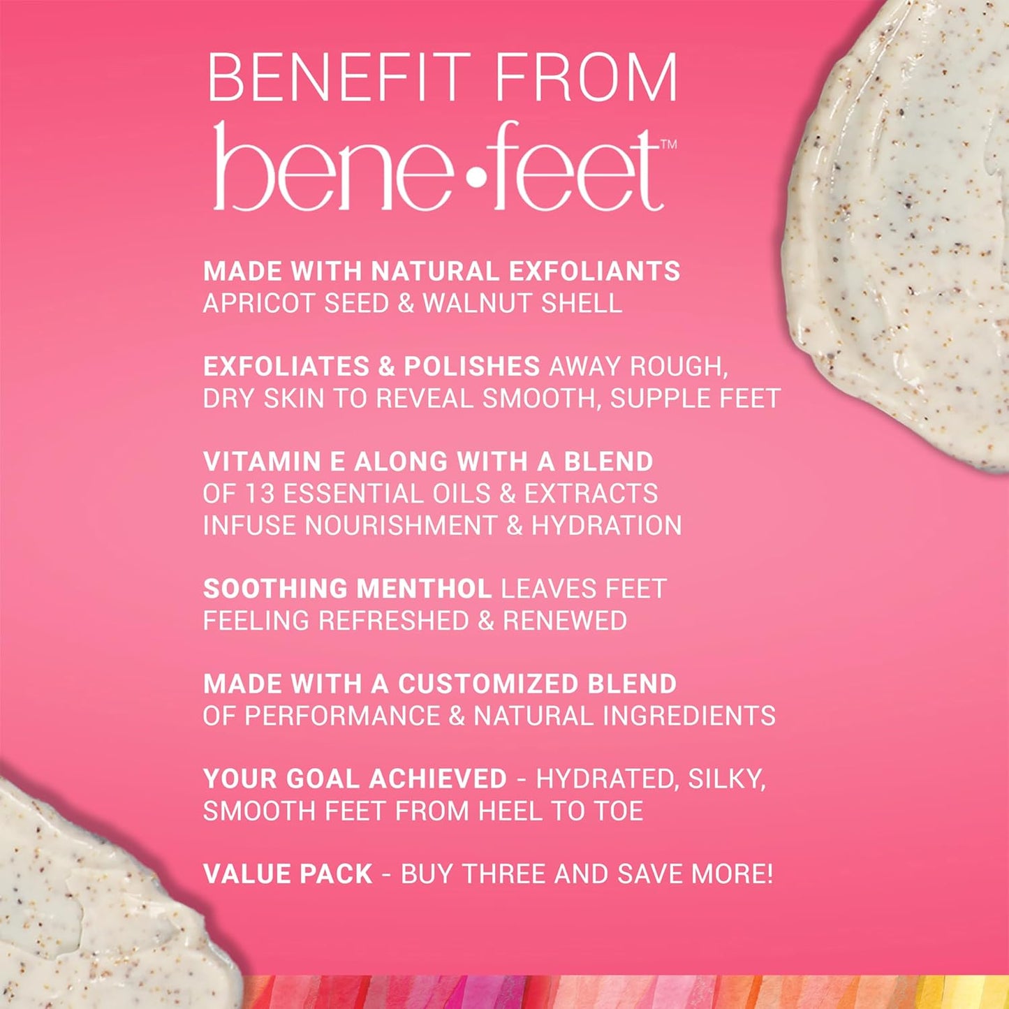 Benefeet Scrub-A-Dub Cooling Foot Scrub - Exfoliates + Refreshes Dry + Dull Skin, Get Smoother Skin from Heel to Toe, Made w/Vitamin E, Apple Cider Vinegar, Walnut Shell + Apricot Seed, 4 oz (3 Pack)