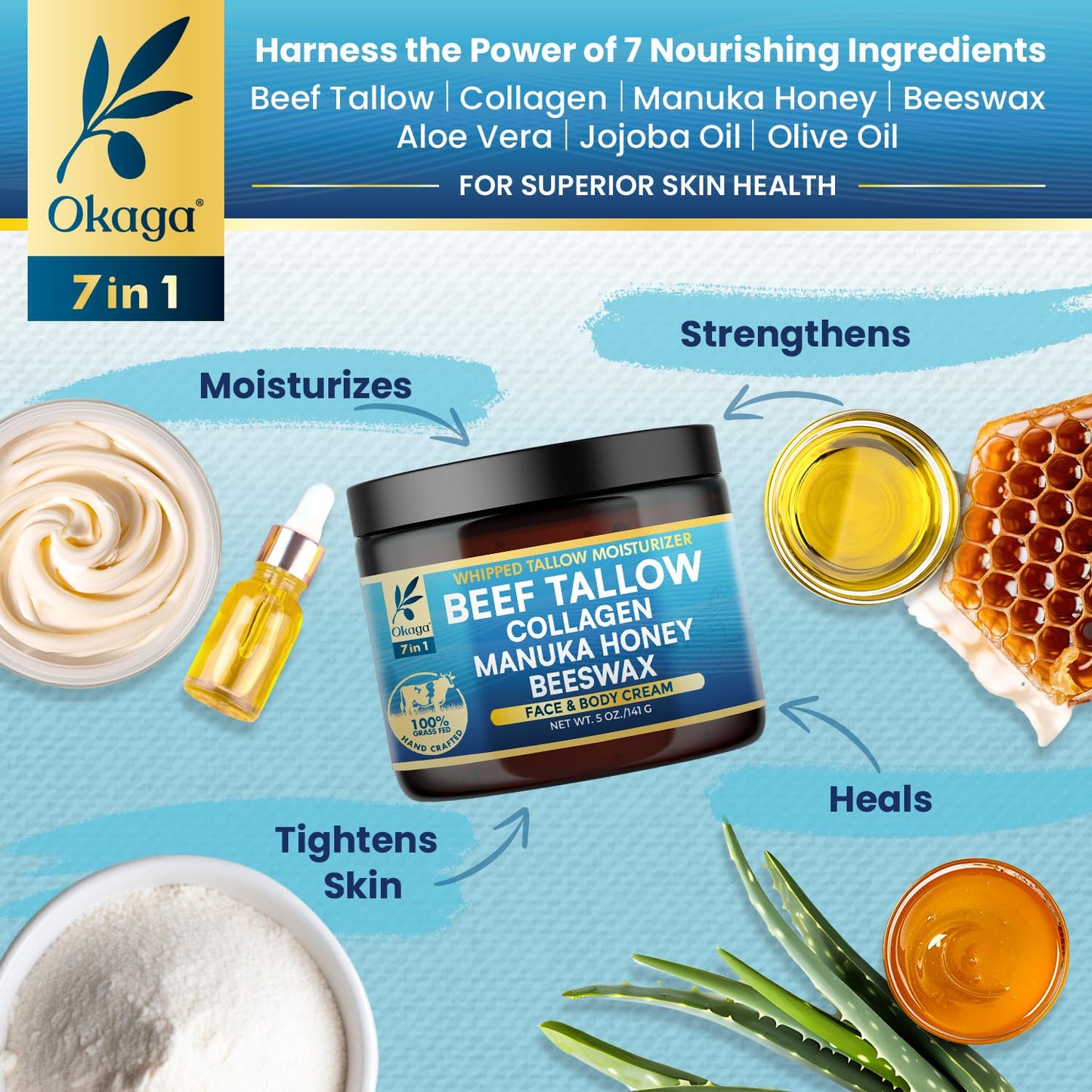 Organic Beef Tallow for Skin, Organic Grass-Fed Beef Tallow Balm with Manuka Honey, Aloe Vera, Jojoba Oil, Collagen & Beeswax, Olive Oil, Moisturizer for Dry Skin, Nourishes Face, Body & Lips (2 Pack)