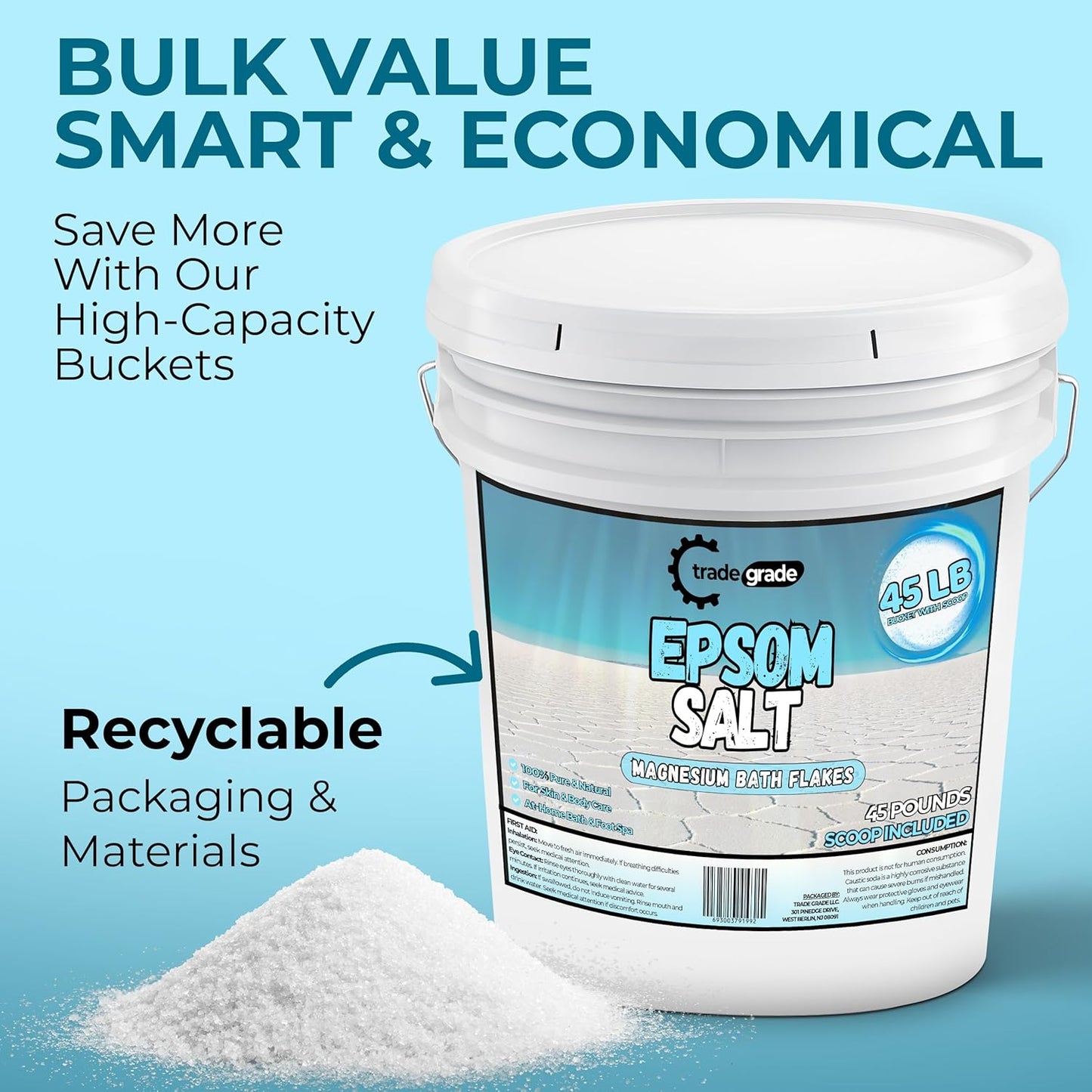 Epsom Salt Bath Soak 45 lb Bucket – Unscented, Pure Epsom Salt Bulk Crystals, Magnesium Sulfate for Full Body or Foot Soaks, Resealable Container with Scoop for Home Bath Use