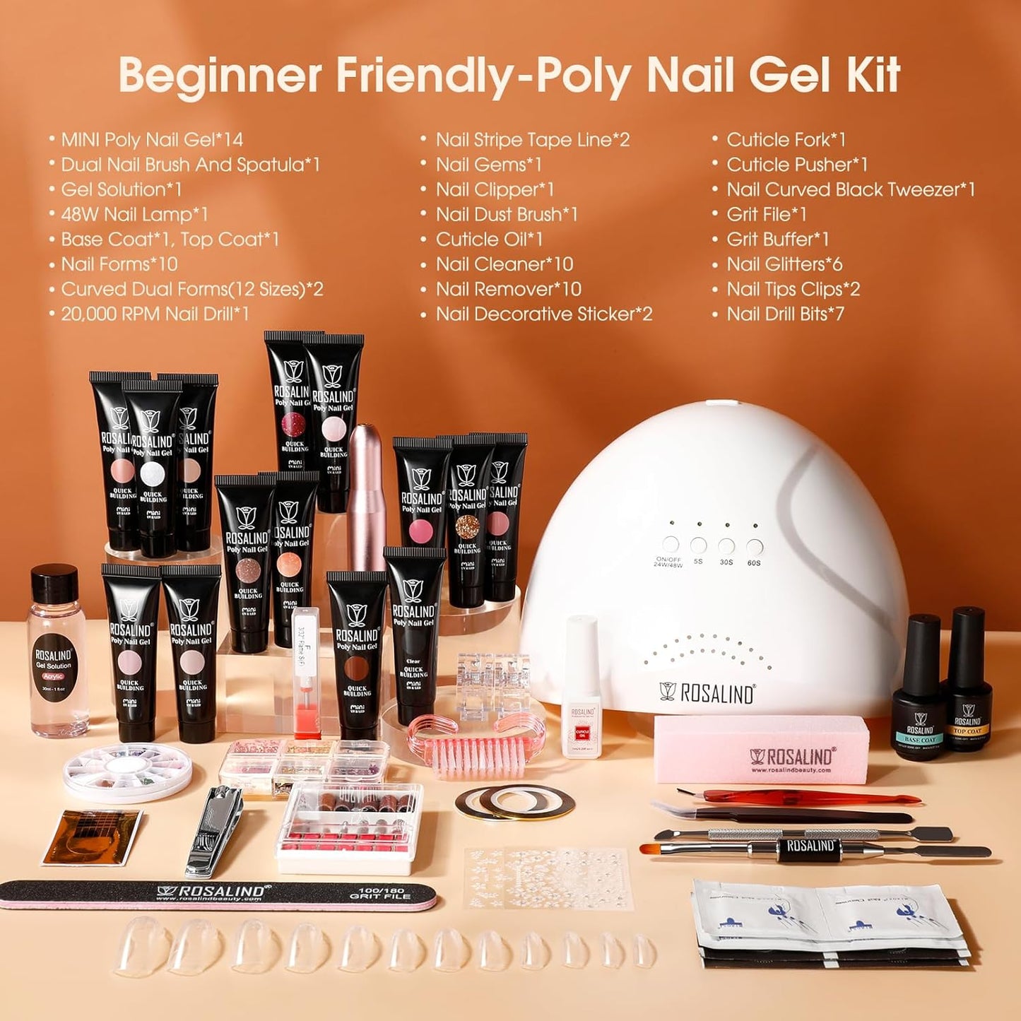 Poly Nail Gel Starter Kit -14 Colors + 75 Nail Art Accessories Kit,ROSALIND Clear Pink Nude Glitter Poly Nail Gel with Big UV Light 48W and Electric Nail Drill Starter Kit