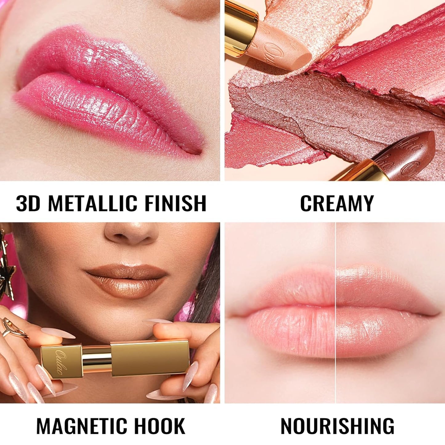 Oulac Metallic Orange Lipstick Set 3PCS, Comfortable Creamy Texture, Smooth No Grainy Feeling, Vegan & Gluten Free, Full-Coverage Lip Makeup, 3 X 4.3 g, 605+02+05