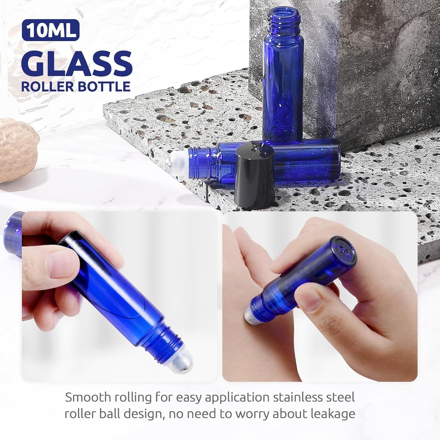 8P Essential Oil Roller Bottles, 10ml Glass Roll on Bottles with Stainless Steel Roller Ball, Opener, Pipettes, Funnel, Stickers, Refillable Container for Perfume (4 Amber & 4 Blue)