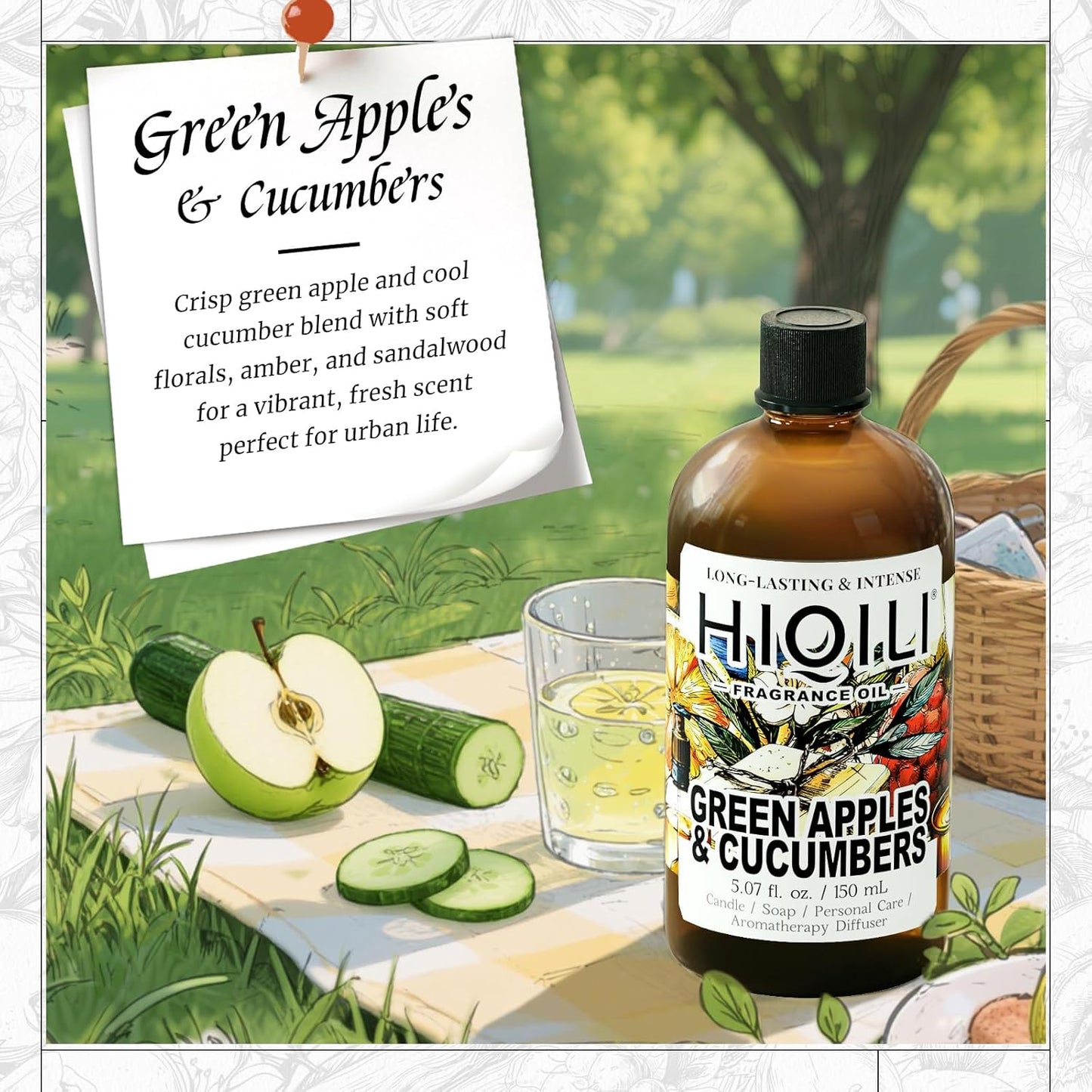 HIQILI Green Apples & Cucumbers Fragrance Oil for Candle, Soap, Perfume Making, Inspired by D.Ka-Ran B.De-Licious, Fresh Scents, Add to Skin & Hair Care Products - 5.07 Fl Oz