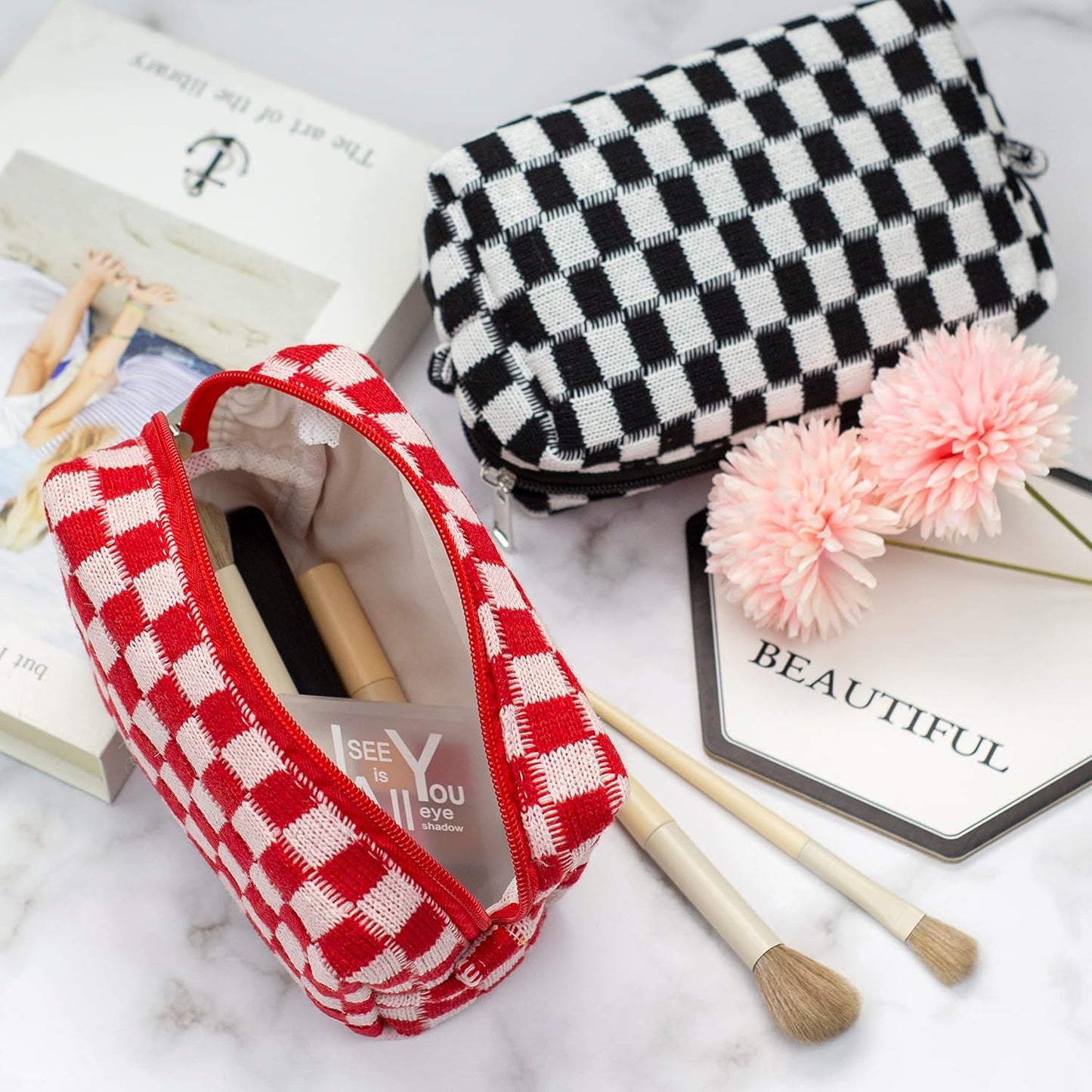 PAZIMIIK Checkered Makeup Bag for Purse Portable Zipper Make Up Pouch Small Cosmetic Case for Travel Accessories (2PCS Red)