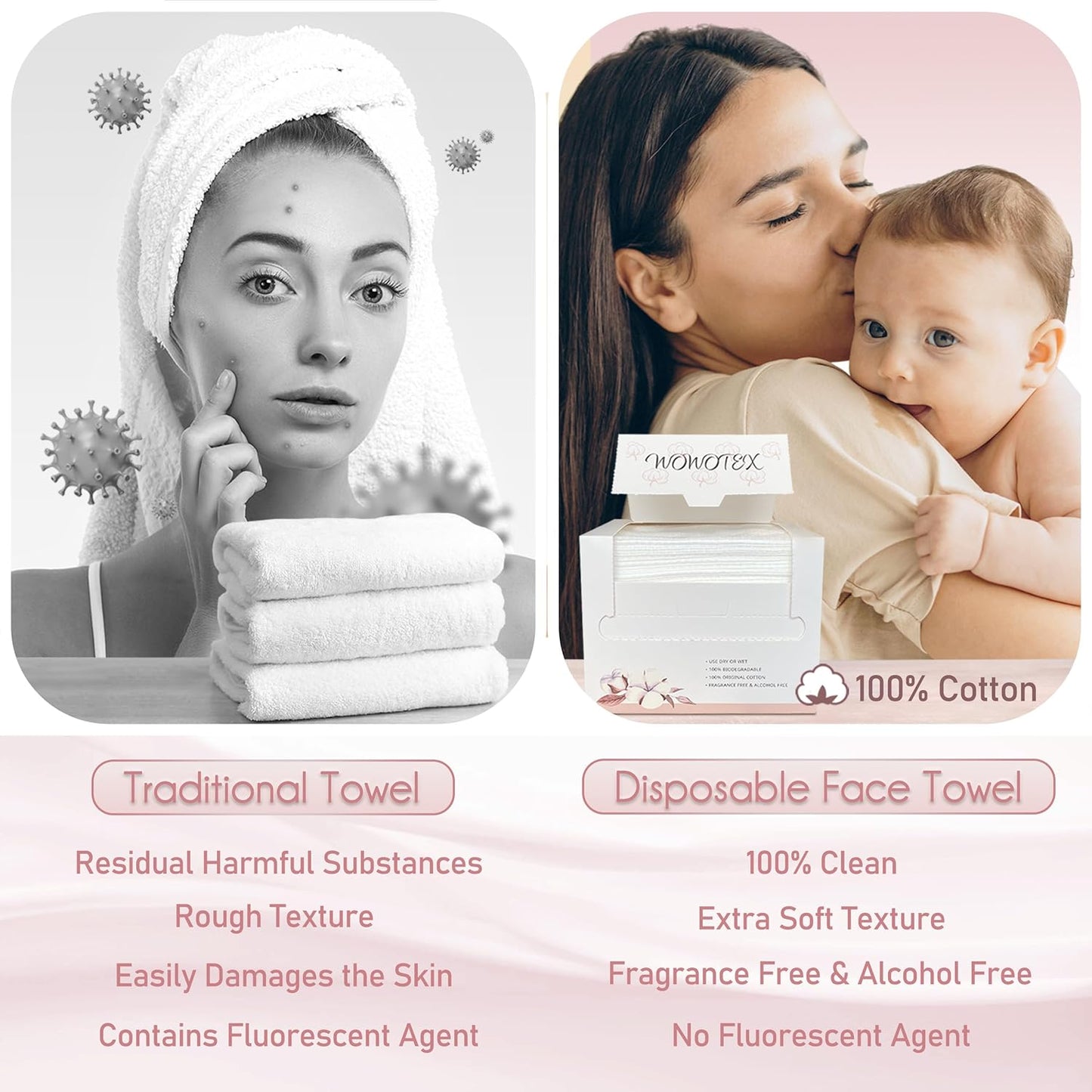 100% Cotton Disposable Face Towel 200 Count 10x12 Inch | Biodegradable Thick Soft One Time Use Dry Wipes for Sensitive Skin, Baby Care, Facial Cleaning, Makeup Removal