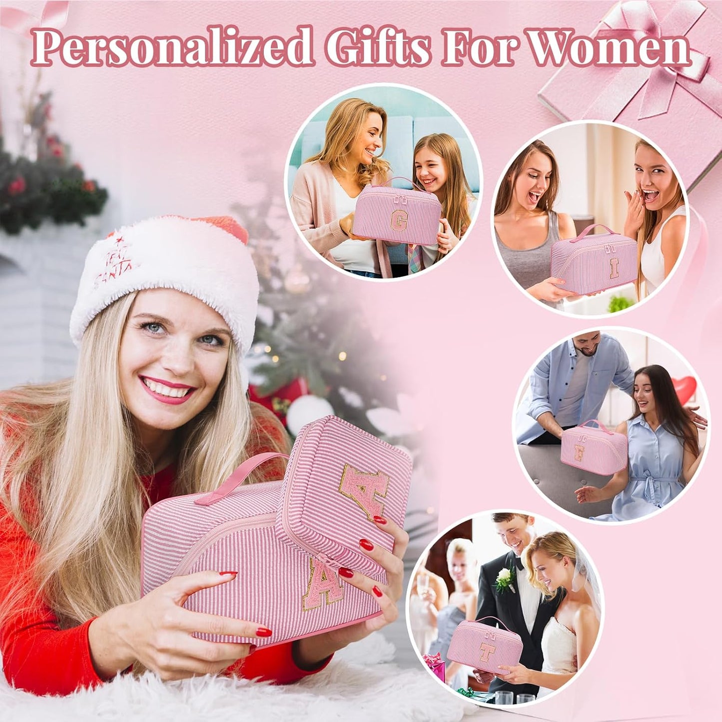 Travel Makeup Bag for Women, 2Pcs Portable Personalized Initial Makeup Organizer Bag, Open Flat Large Cosmetic Bag With Travel Essential Pouch (Pink Letter J)