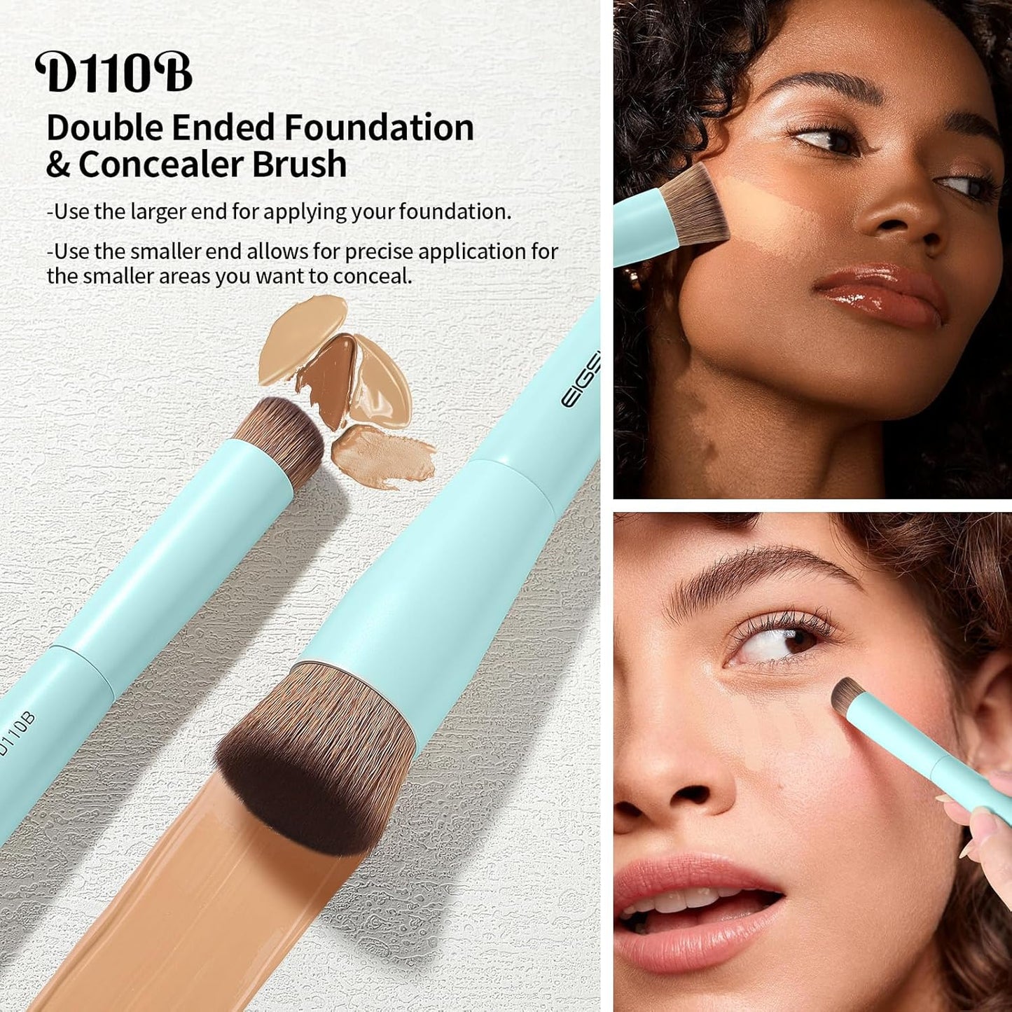 EIGSHOW Makeup Brush Set, 3Pcs Dual Ended Face Makeup Brushes for Foundation Powder Contour Highlight Concealer Nose Shadow, Travel Gift Set (Cyan)