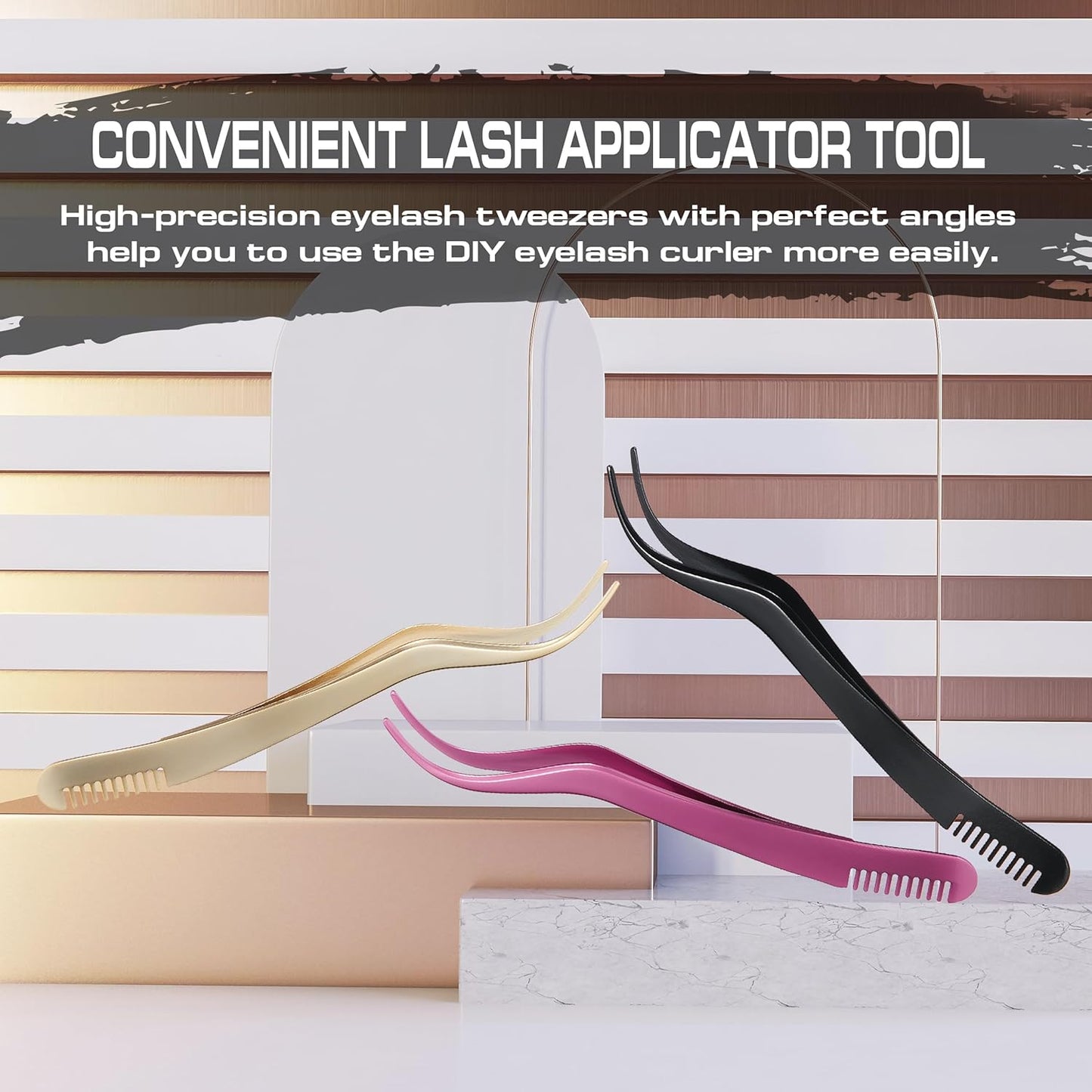 2 in 1 Lash Tweezer with Comb, Stainless Steel Elbow Tweezers, Eyelash Extension, Precise Eyebrow Tweezers Tool, Lashes Tweezer Applicator for DIY Applying False Eyelashes Clusters, Rose