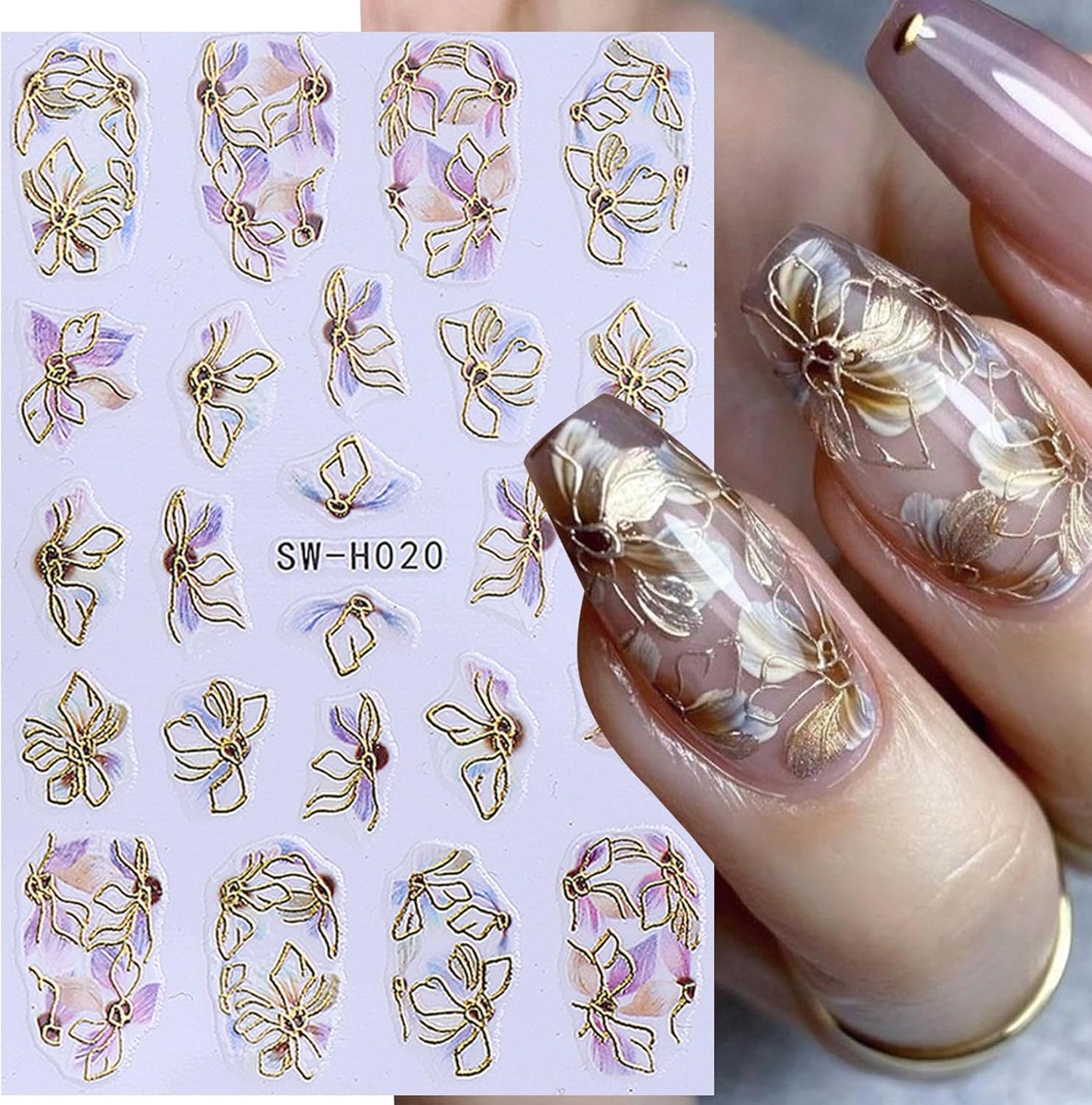 3D Flower Nail Art Stickers Decals Luxury Flower Petal Stickers with Tweezers 12 PCS Self Adhesive Pink Purple Blue Floral Gold Edge Decals Cherry Blossom Lily Summer DIY Manicure Nail Art Decoration