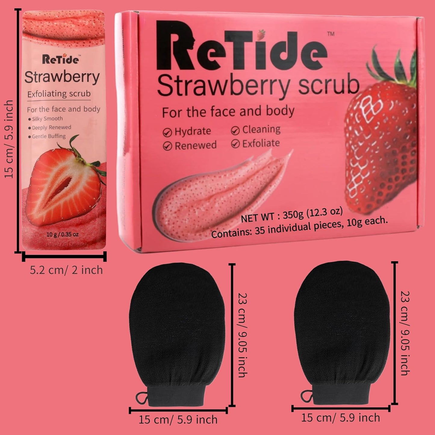 Strawberry Body Scrub Gift Set - 35 Packets & 2 Pcs Exfoliating Gloves,Exfoliating & Moisturizing Sugar Scrub for Face & Body, Self Care Gifts for Women