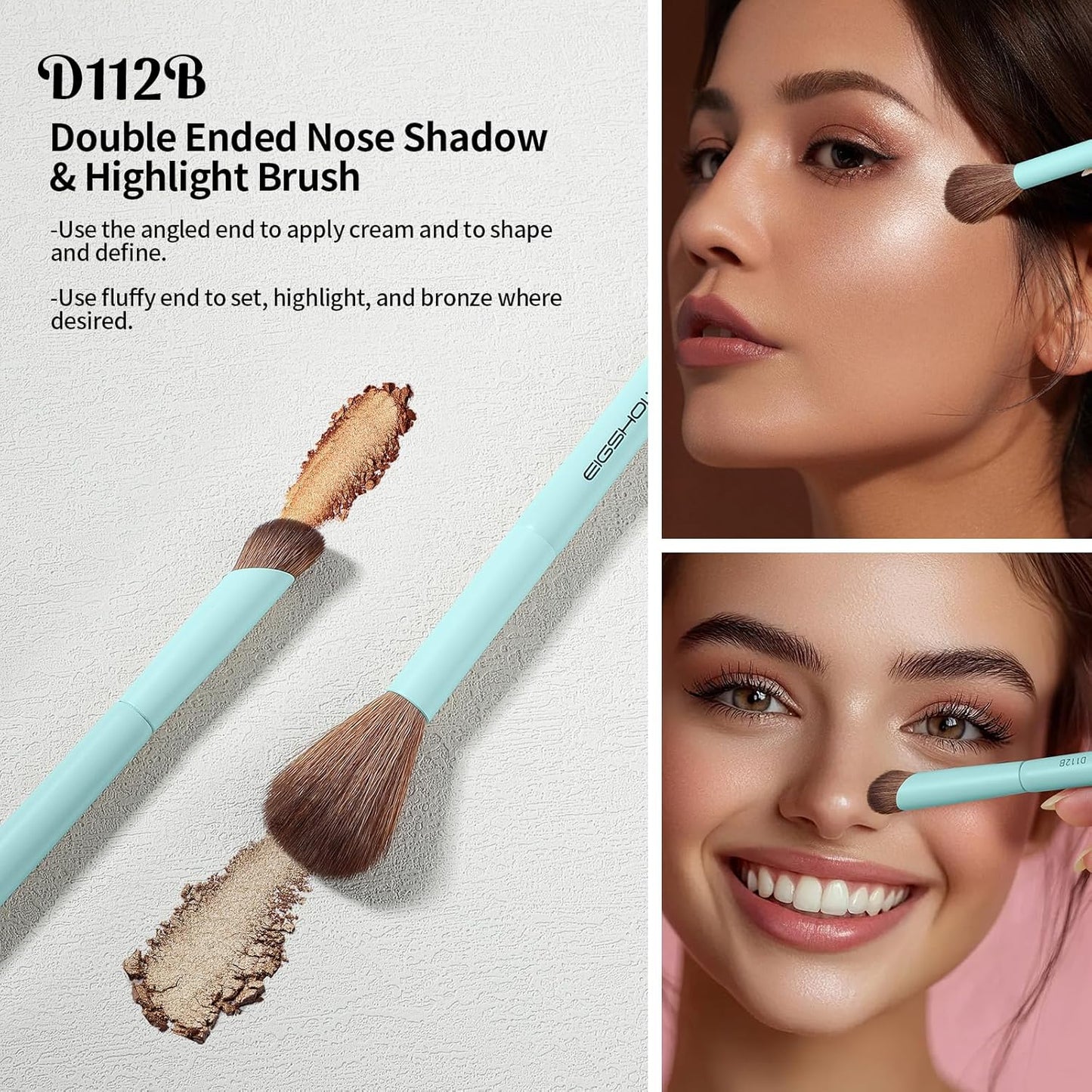 EIGSHOW Makeup Brush Set, 3Pcs Dual Ended Face Makeup Brushes for Foundation Powder Contour Highlight Concealer Nose Shadow, Travel Gift Set (Cyan)