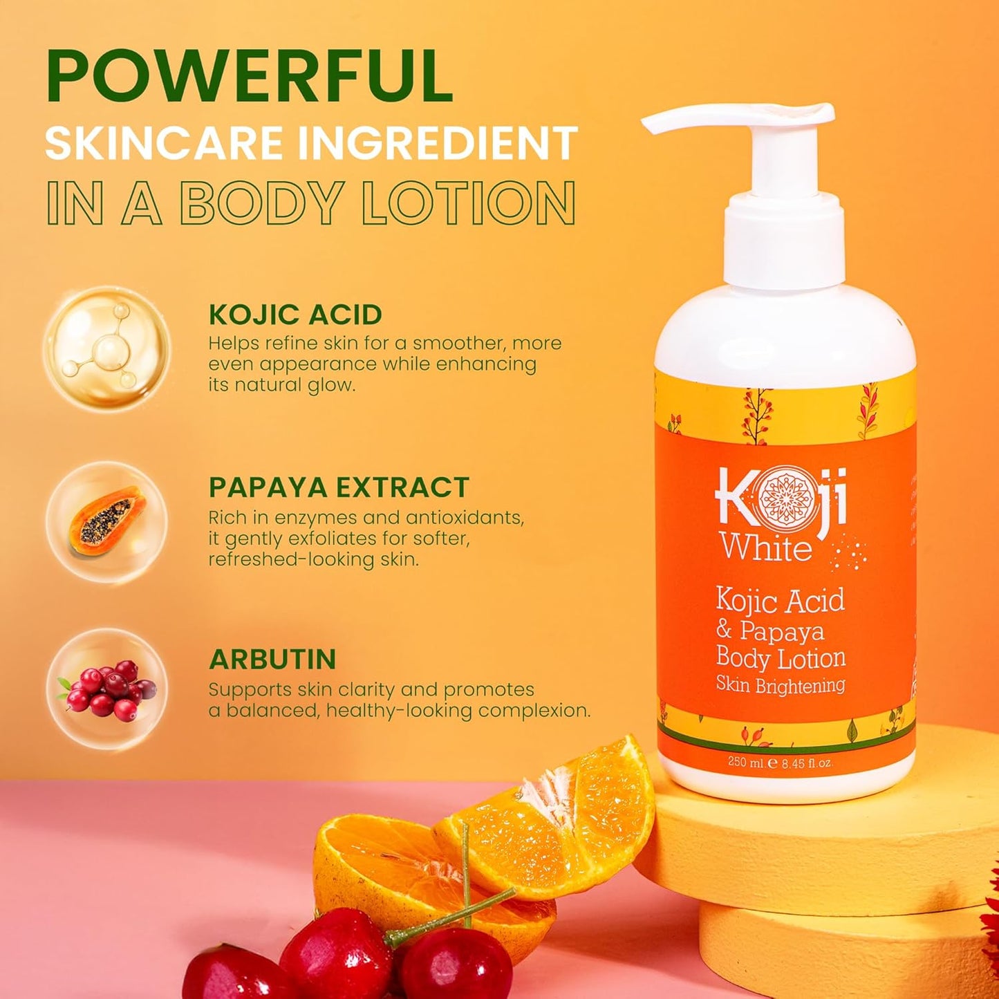Koji White Kojic Acid & Papaya Body Lotion, Women Gift Sets for Exfoliating, Skin Brightening, Moisturizer, Radiance, Even Tone, Age Spots & Sun Damaged, Vegan, Paraben-Free, 8.45 Fl Oz (2 Bottles)