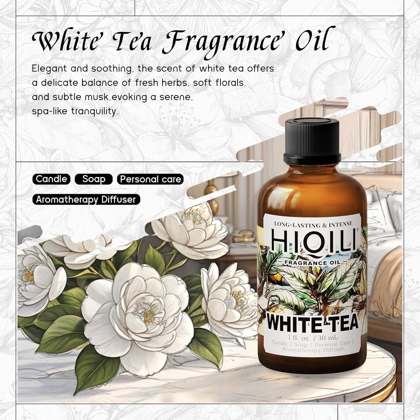 HIQILI White Tea Fragrance Oil for Essential Oil Diffuser, DIY Candle & Soap Making, Blend to Perfume & Air Freshener Spray - 1 Fl Oz