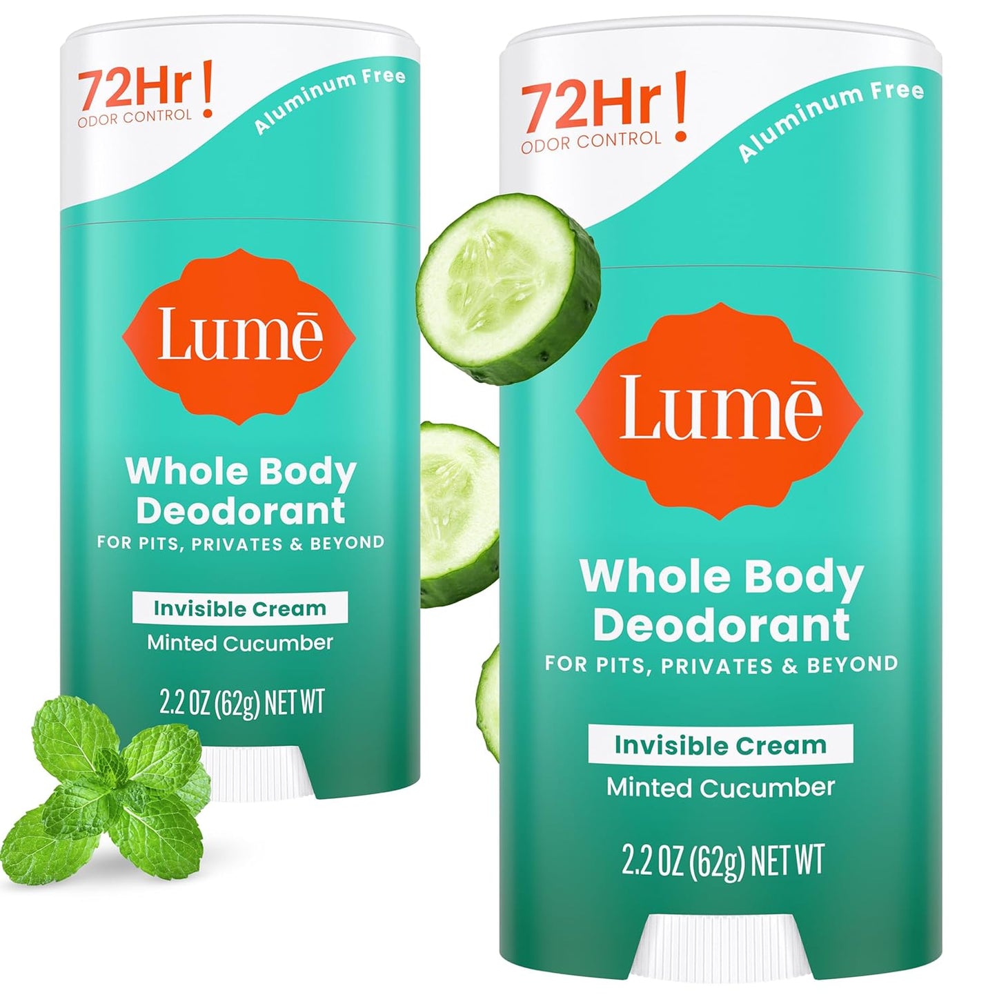 Lume Whole Body Deodorant - Invisible Cream Stick - 72 Hour Odor Control - Aluminum Free, Baking Soda Free, Skin Safe - 2.2 Ounce (Pack of 2) (Minted Cucumber)