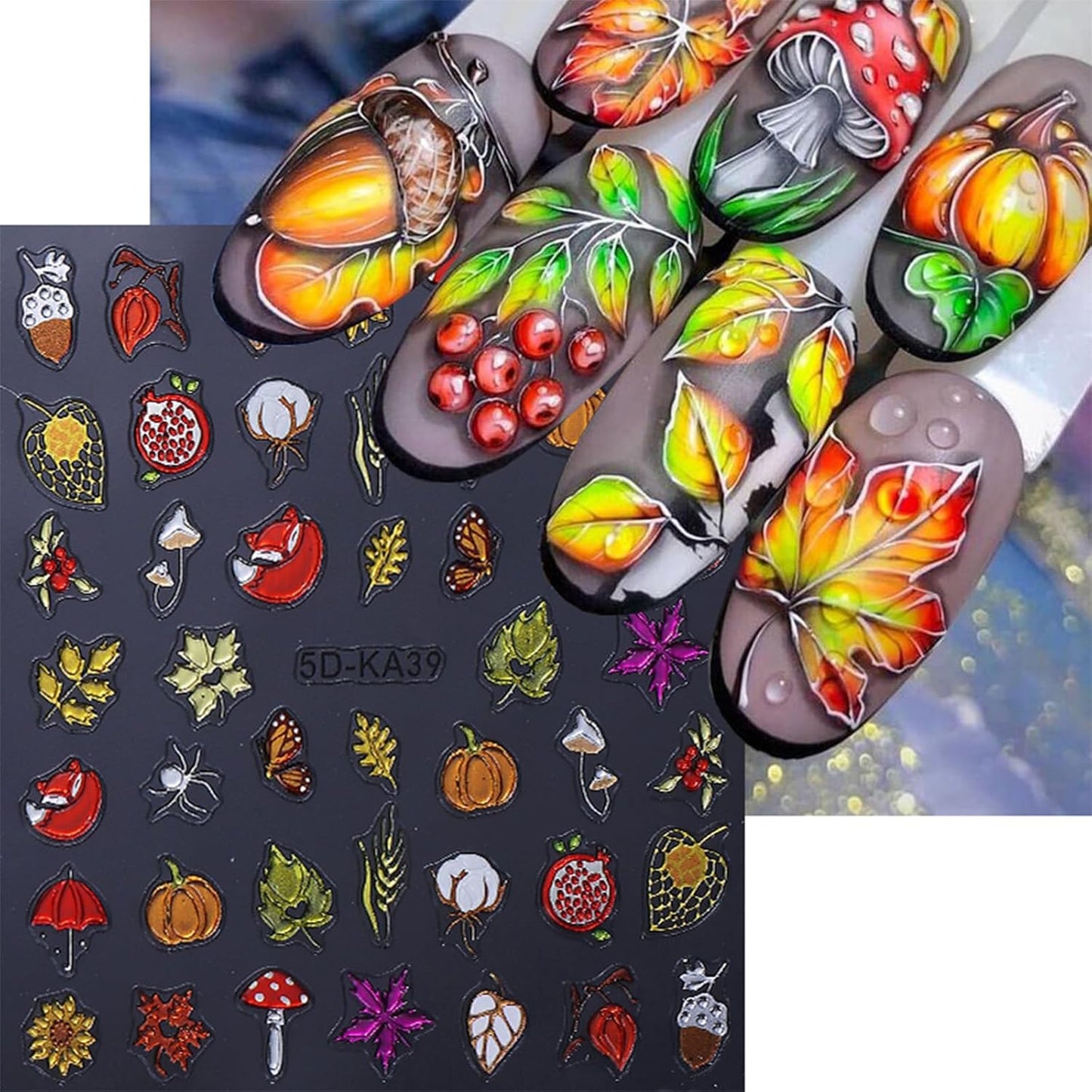 Fall Nail Stickers Thanksgiving Day 5D Embossed for Pumpkin Fox Maple Leaves Glitter Nail Art 3D Self-Adhesive Nails Decoration Autumn Holiday Nail Decals DIY for Women Girls Nail Supplies