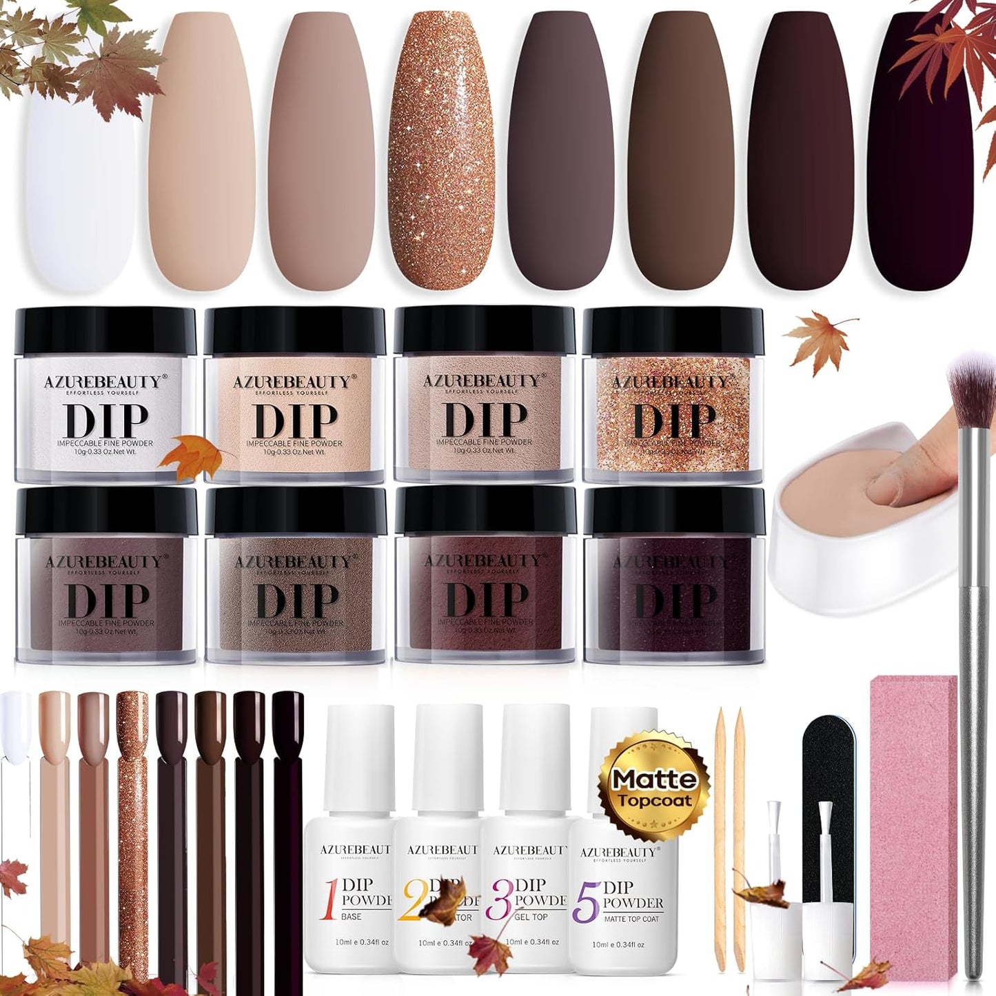 AZUREBEAUTY 30Pcs Dip Powder Nail Kit Starter, 8 Colors Fall Nude Brown Glitter Purple Nude with Nail Sticks, Nail Art Liquid Set with Matte/Base/Top Coat Activator for French Manicure Salon
