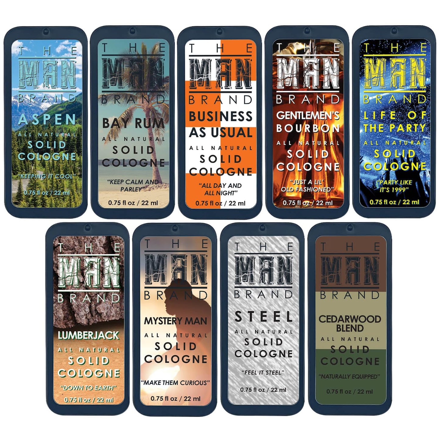 Solid Cologne Sample Set of 9 - Men's Sample Cologne Pack - Mens fragrance Sampler Set - Mens Travel Size Perfume Sampler Set (All or Nothing - 9 Pack - 0.75 oz each)