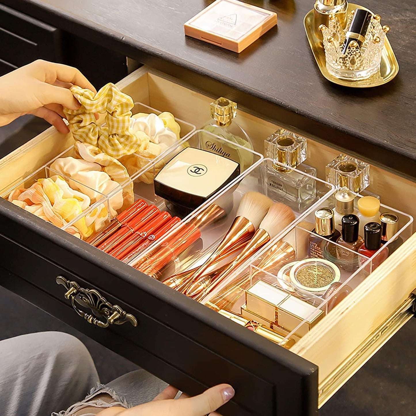 JessLab Acrylic Organizers, Bathroom Organizer for Drawer, 4-Pack Cosmetic Display Cases for Vanity, Countertop, Desk, Kitchen, and Makeup Storage, 2 of 1-Compartment and 2 of 3-Compartment