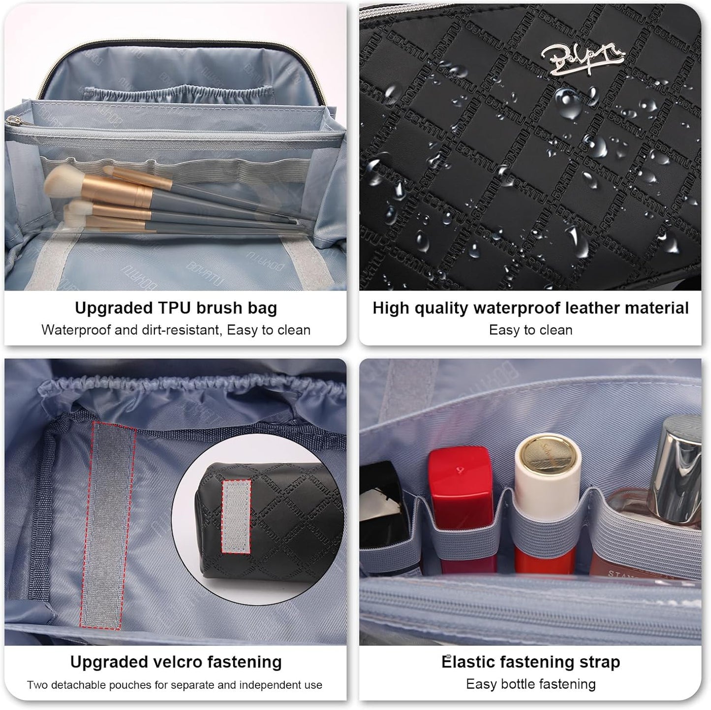 BOYATU Travel Makeup Bags Cosmetic Organizer Bag: 3-Set Large Capacity Make up Bag - PU Leather Toiletry Bags for Women - Wide Open Portable Pouch with Divider & Handle (07-Black 6)