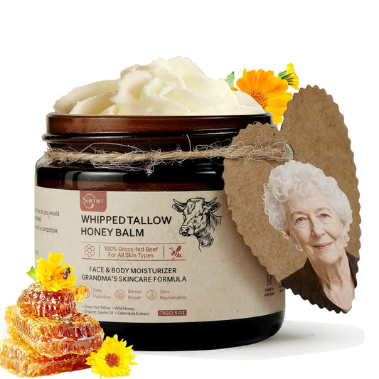 Beef Tallow for Skin, Beef Tallow Honey Balm-100% Organic Grass-Fed-handmade Whipped-Face & Body Moisturizer cream，with Manuka Wild Honey, Natural Skin Care for Sensitive, Dry Skin, Body Lotion. 2oz