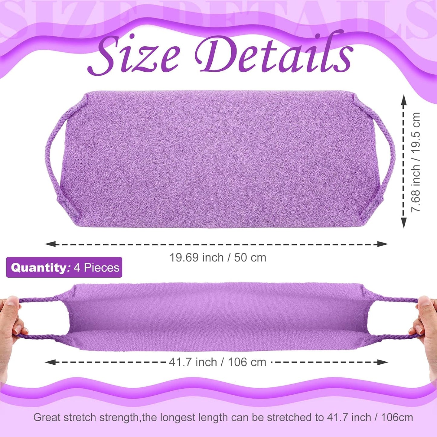 Moukeren Exfoliating Back Scrubber with Handles 4 Pack Nylon Back Exfoliator Extended Length Washers Scrubbers Stretchable Pull Strap Exfoliating Washcloth(Pink,Blue,Fluorescent Green,Purple)