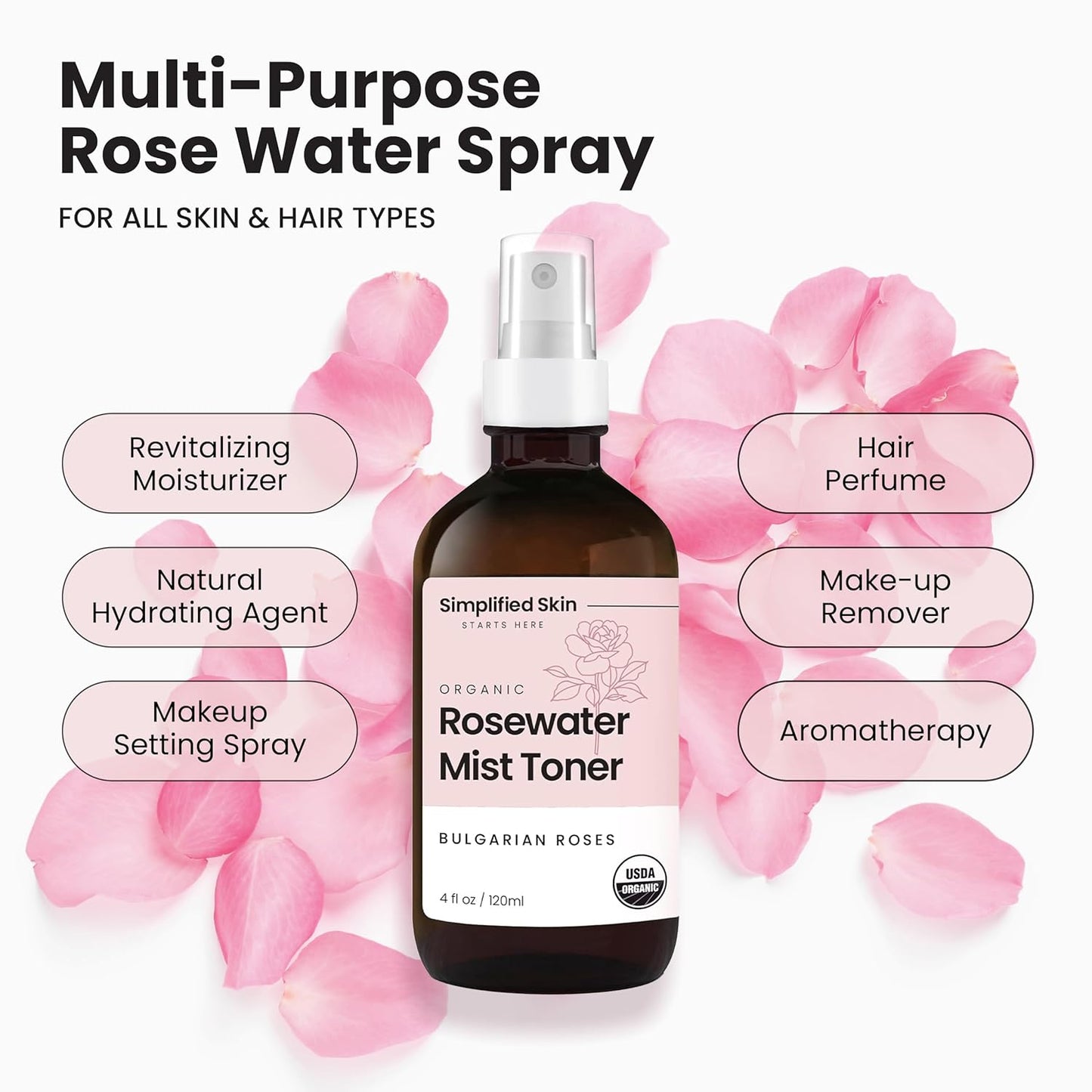 Rose Water Spray for Face & Hair – Pure USDA Organic Rosewater Toner – Refreshing Mist for Skin Care, Makeup & Locs – Natural Rose Scent, 4 Oz (2 Pack)