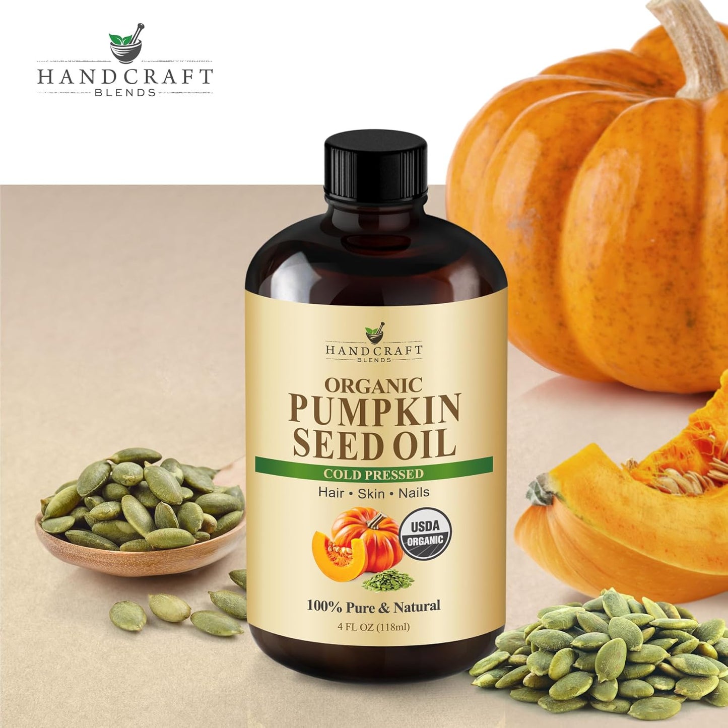 Handcraft Blends Cold-Pressed Organic Pumpkin Seed Oil in Glass Bottle - 4 Fl Oz - 100% Pure and Natural - Premium Grade Carrier Oil for Hair, Skin, Nails, and Body - Massage - Aromatherapy