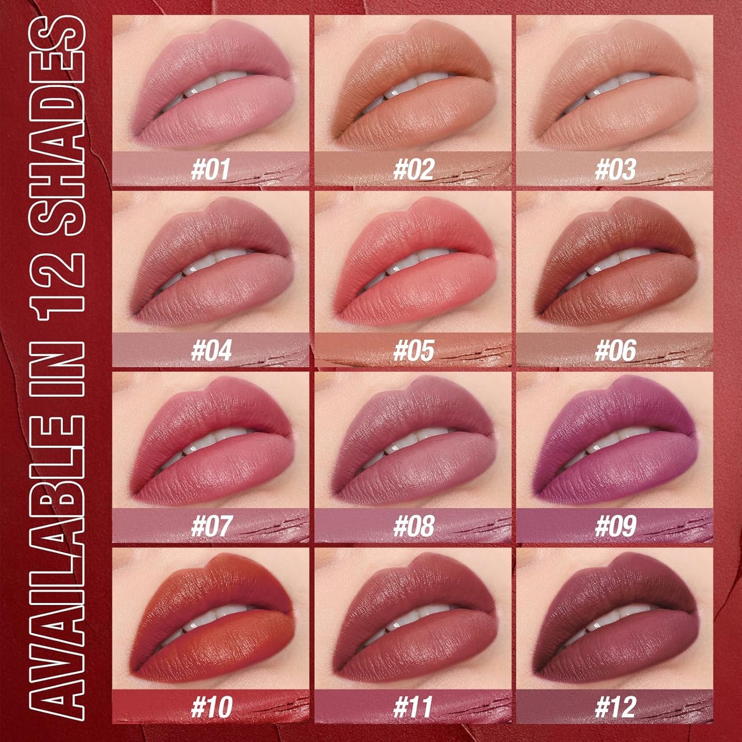 Jolilab 12Pcs Velvet Matte Lipstick Nude Matte Soft Dark Color Stick High Pigmented Long-Lasting Waterproof Lip Stick Lip Balm Beauty Cosmetics Gift for Girls and Women(01#-12#)