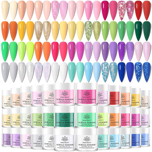 BORN PRETTY Acrylic Powder Set 36 Colors Spring Summer Acrylic Nail Powder Nude Pink Red Green Blue Purple Professional Polymer 3D Acrylic Nail Art Kit for French Nails Extension Nail Carving