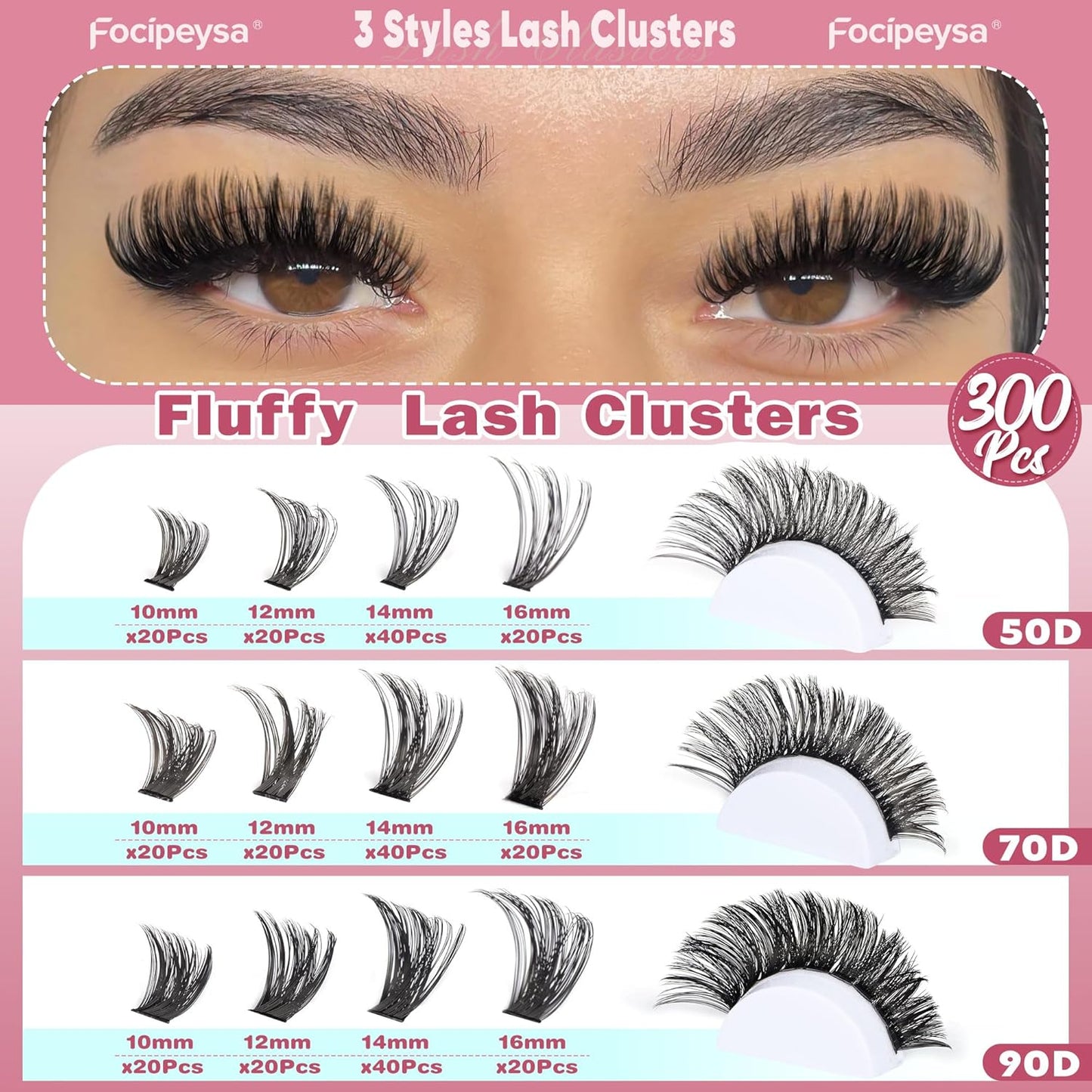 Focipeysa Eyelash Extension Kit 300pcs Lash Extensions 50D 70D 90D Eyelash Extension Full Volume Lash Clusters 10-16mm DIY Lash Extension with Waterproof Lash Bond and Seal for Makeup