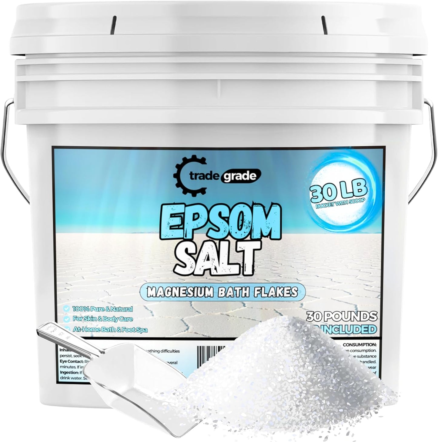Epsom Salt Bath Soak 30 lb Bucket – Unscented, Pure Epsom Salt Bulk Crystals, Magnesium Sulfate for Full Body or Foot Soaks, Resealable Container with Scoop for Home Bath Use