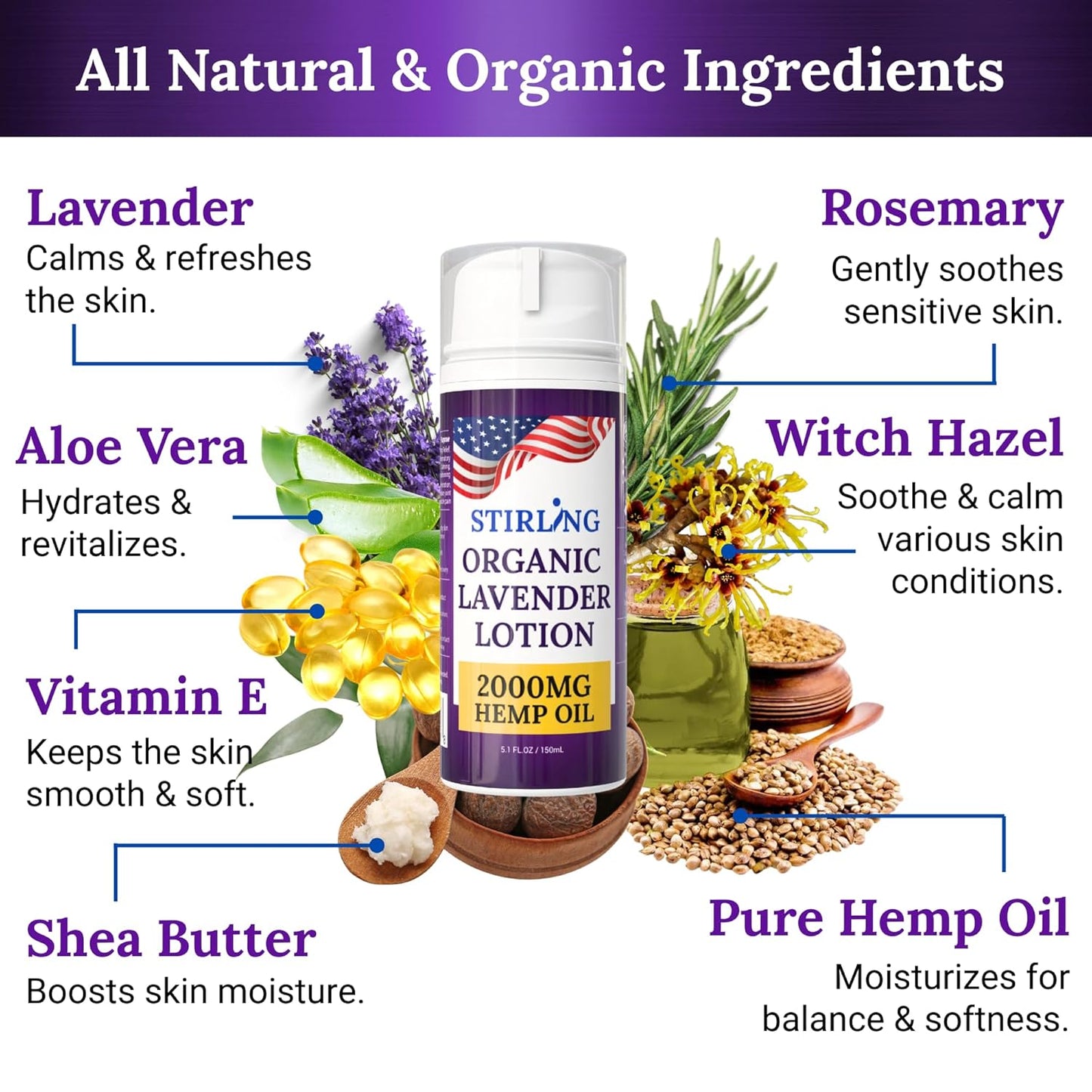 STIRLING Lavender Lotion – Organic Lavender with 2000mg Hemp Oil, Aloe Vera, and Vitamin E – Nourishing and Moisturizing Body Lotion for a Soft and Smooth Feel