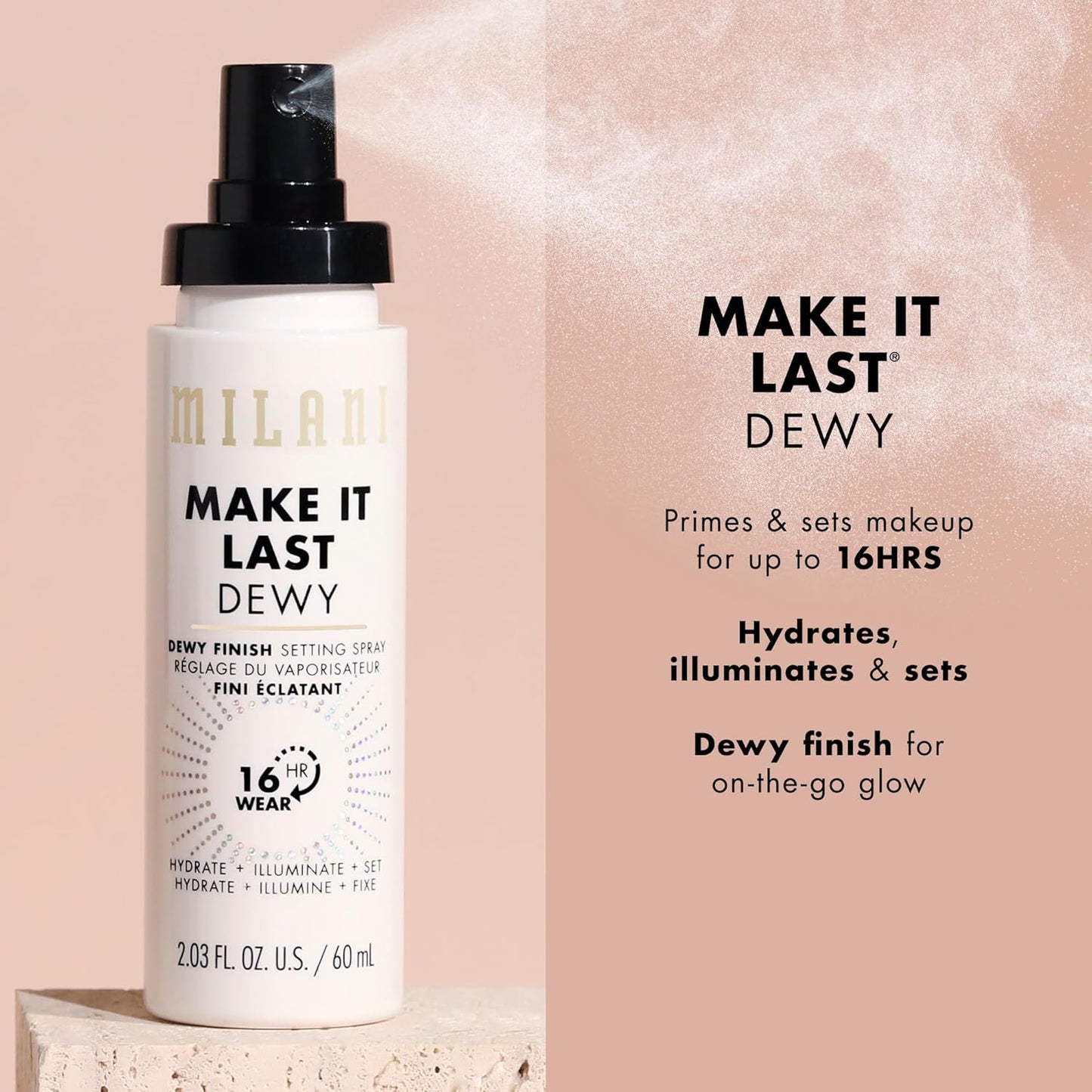 Milani Setting Spray + Primer, Make It Last Dewy - Dewy Finish Moisturizing Formula for Glow on the Go, Setting Spray for Makeup and Face Primer, Prime + Set + Hydrate, 2.03 Fl. Oz - 2 Pack