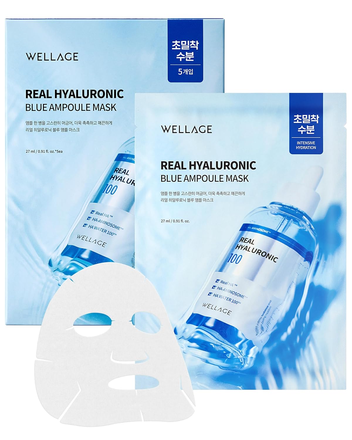 WELLAGE Real Hyaluronic Blue Ampoule Face Mask - Korean Hydratig Mask Moisture Boost with 10,000ppm Ultra-Low Molecular Hyaluronic Acid - Soft Vegan Cashmere Sheet for Sensitive Skin, 5 Sheets