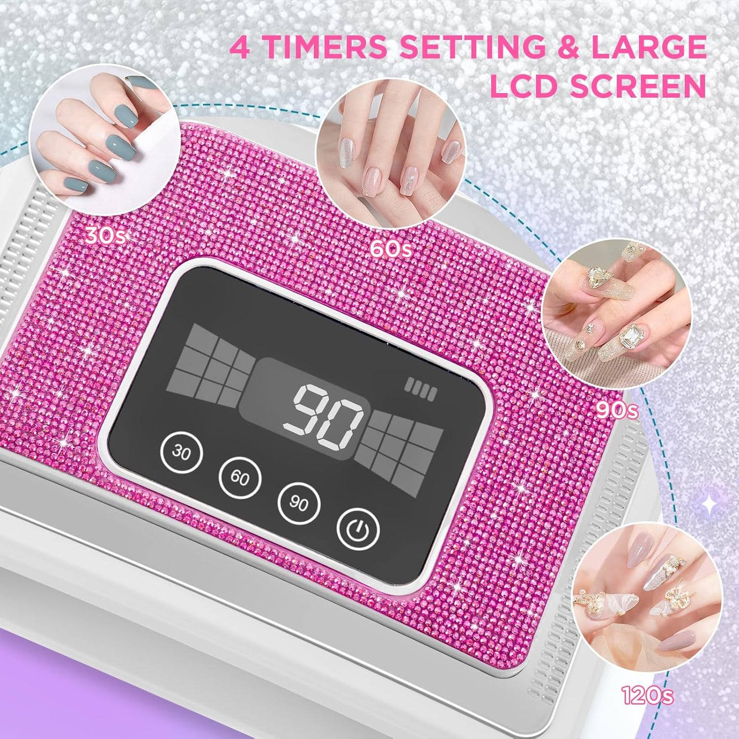 Cordless Nail Lamp, Rechargeable UV Nail Lamp for Gel Nails, LED Nail Lamp with 4 Timer Modes, Gel Nail Light Decorate with Sparkling Nail Rhinestones Diamond (Sparkly Rose Red Diamond)