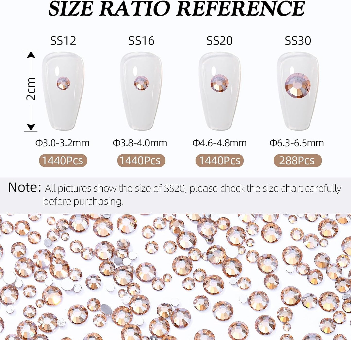 Gold Shadow Flatback Rhinestones, Glass Rhinestones for Nail Art and Craft, Glue Fix, Loose Crystal Gemstones(Gold Shadow, SS12, 1440pcs, 2.9-3.0mm)