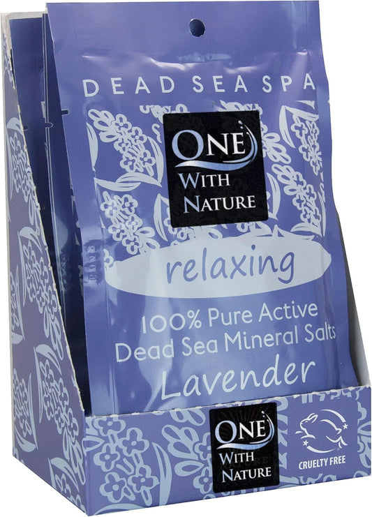 One With Nature 100% Pure Dead Sea Salt for Bath Lavender, 2.5oz 6Pack. High in 21 Essential Minerals, Such as Magnesium, Sulfur, Zinc, Potassium. Skin Nourishing and Therapeutic.