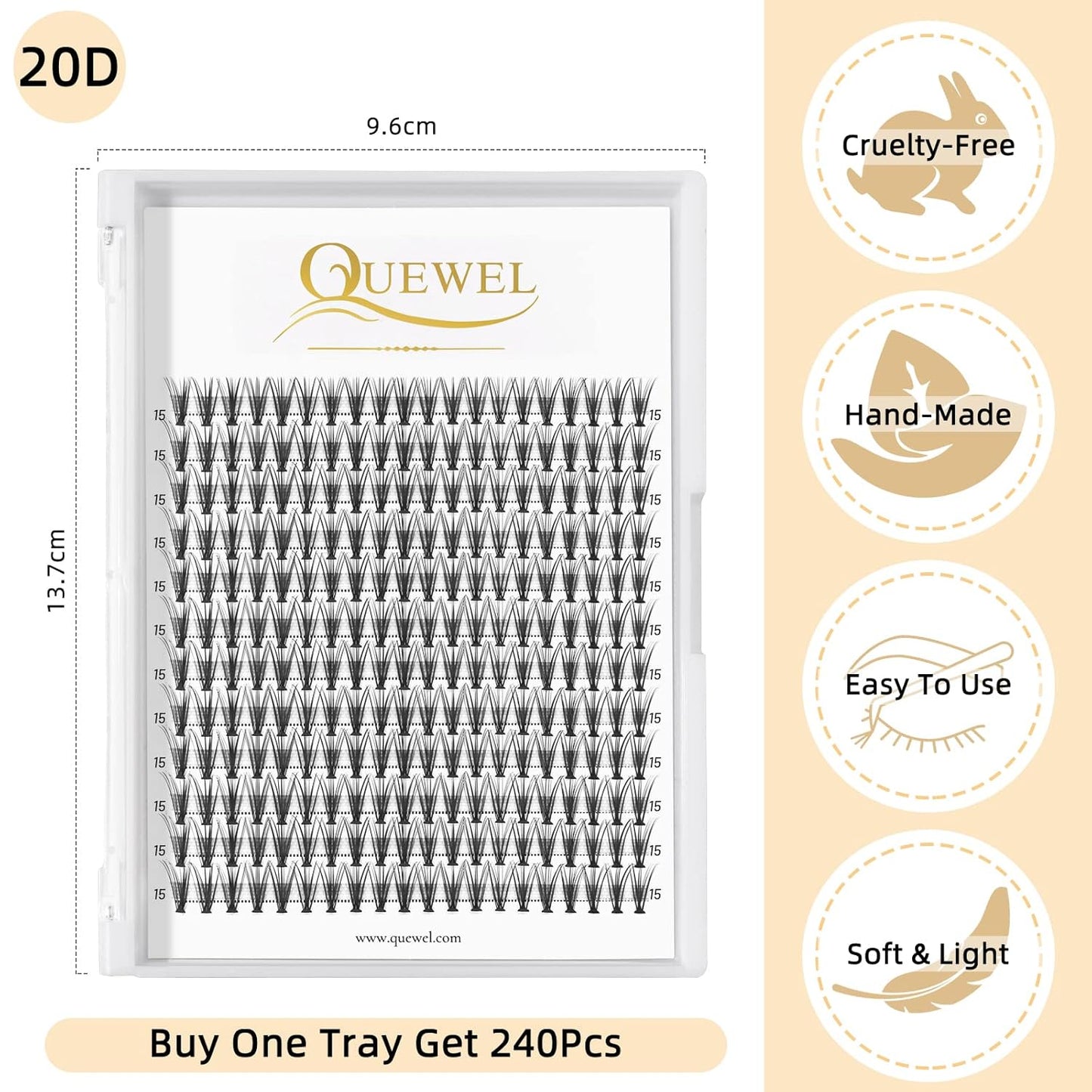 QUEWEL Cluster Lashes 240Pcs Individual Lashes 20D 0.07C Curl 15mm Knot-Free Lash Extensions Clusters Lashes Soft&Natural False Eyelashes Individual DIY Eyelash Extension at Home(20D 0.07C 15)