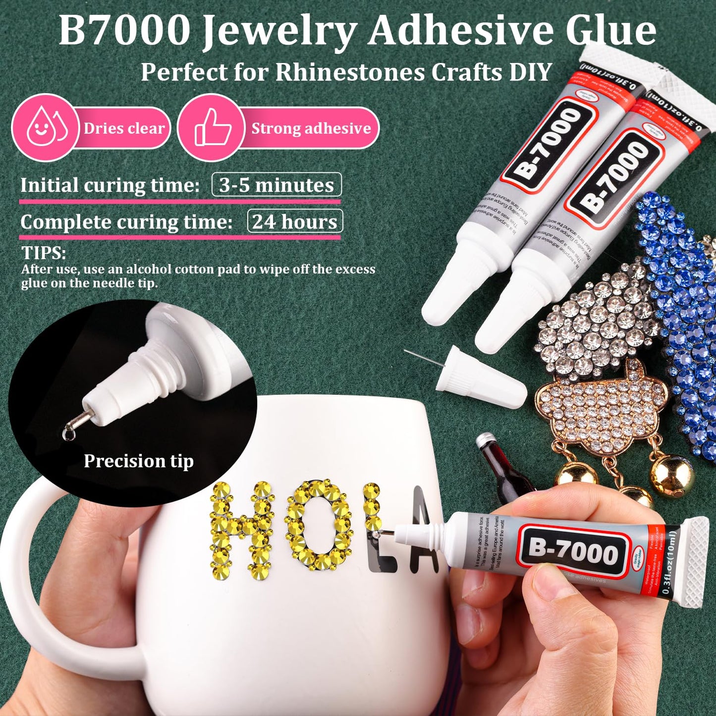 Resin Rhinestones for Crafting with B7000 Jewelry Glue, 1 Box Bright Gold Flatback Crystals with 3Pcs 10ml Glue for Bedazzling Crafts DIY Nail Art Makeup，Non Hotfix Gems for Clothing Shoes