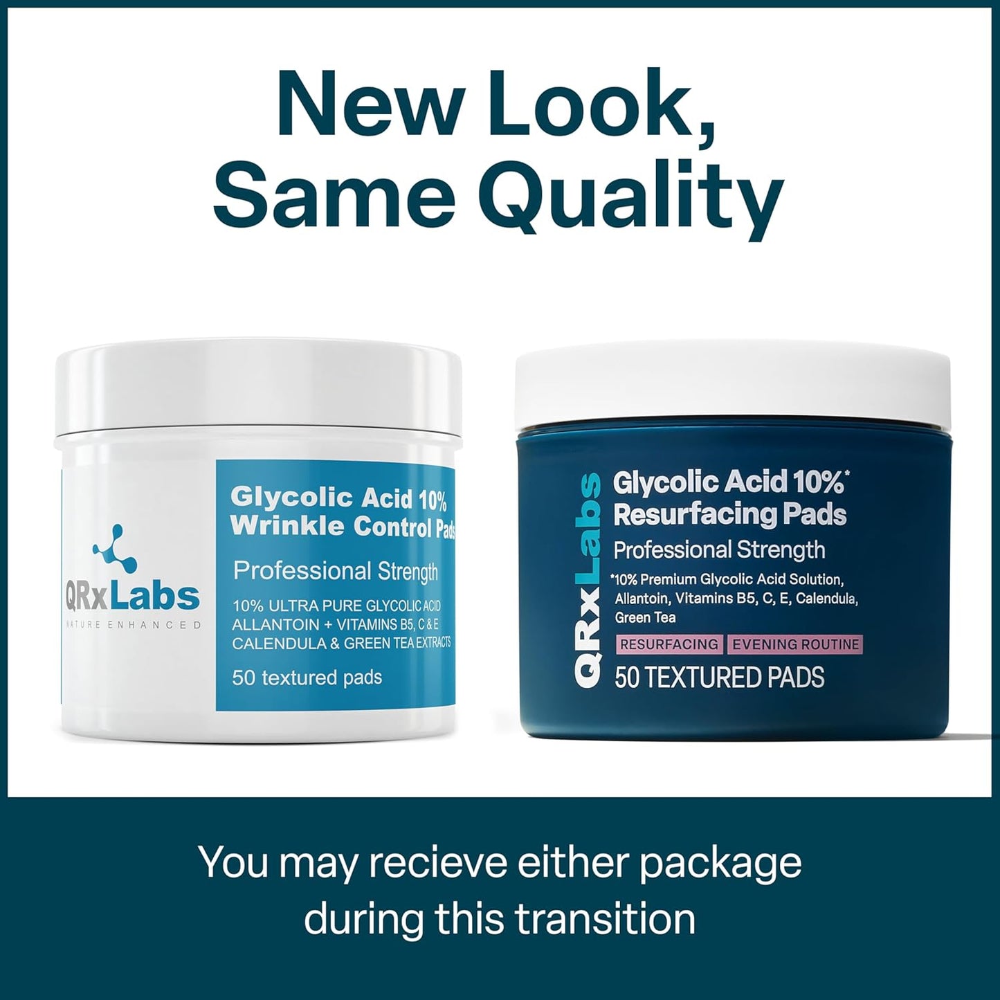 QRxLabs Glycolic Acid Pads - 50-Count Jar, 10% Glycolic Acid - AHA Resurfacing Peel & Exfoliating Face Pads - Alcohol-Free Rinse-Free With Vitamins B5, C & E & Green Tea Extract