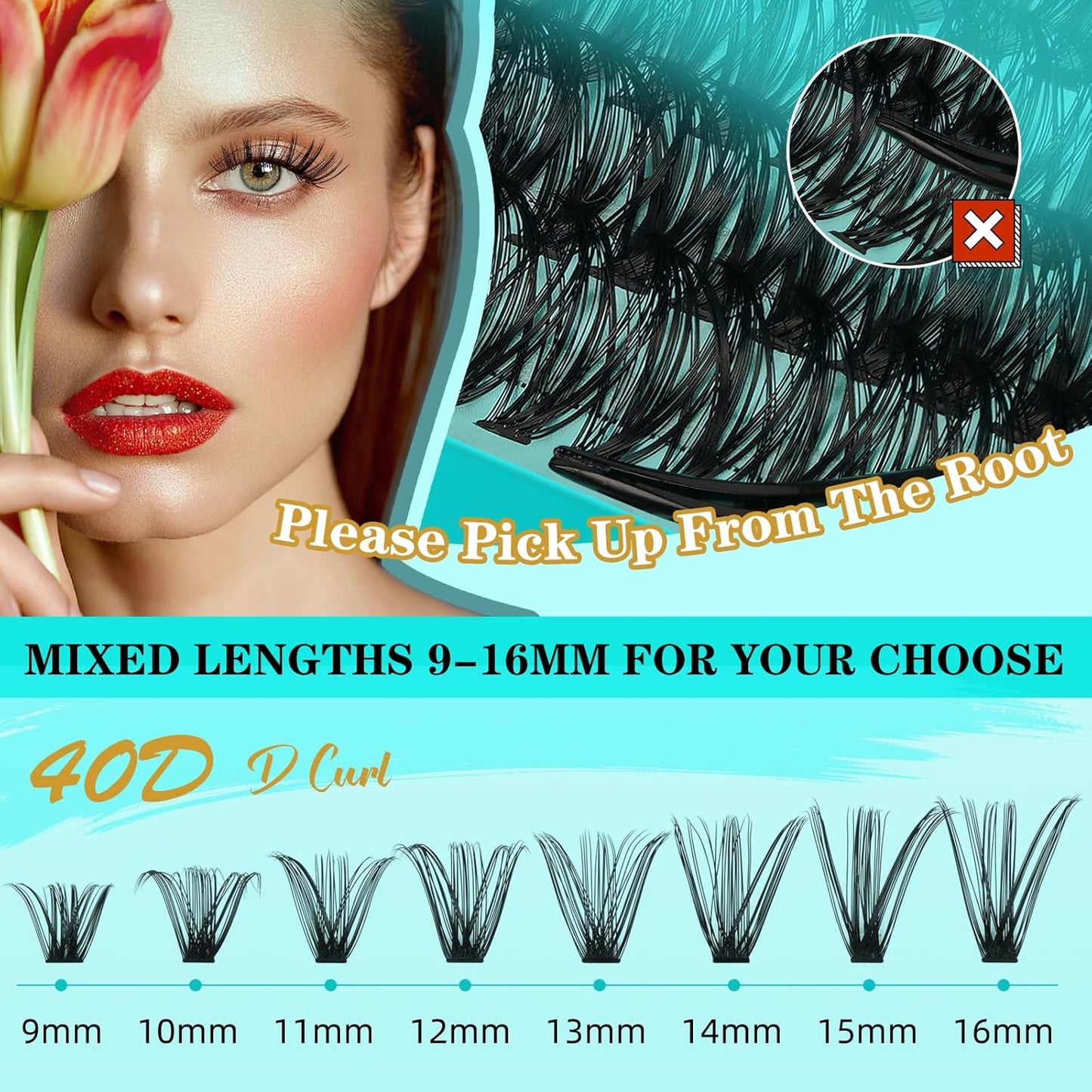 Lash Clusters Kit 240PCS Eyelash Extension Kit D Curl Wispy Clusters Lash DIY Lashes Extensions Kit Natural Individual Lashes Kit with Lash Bond and Seal Eyelash Tweezer(40D,D-Mix9-16mm)