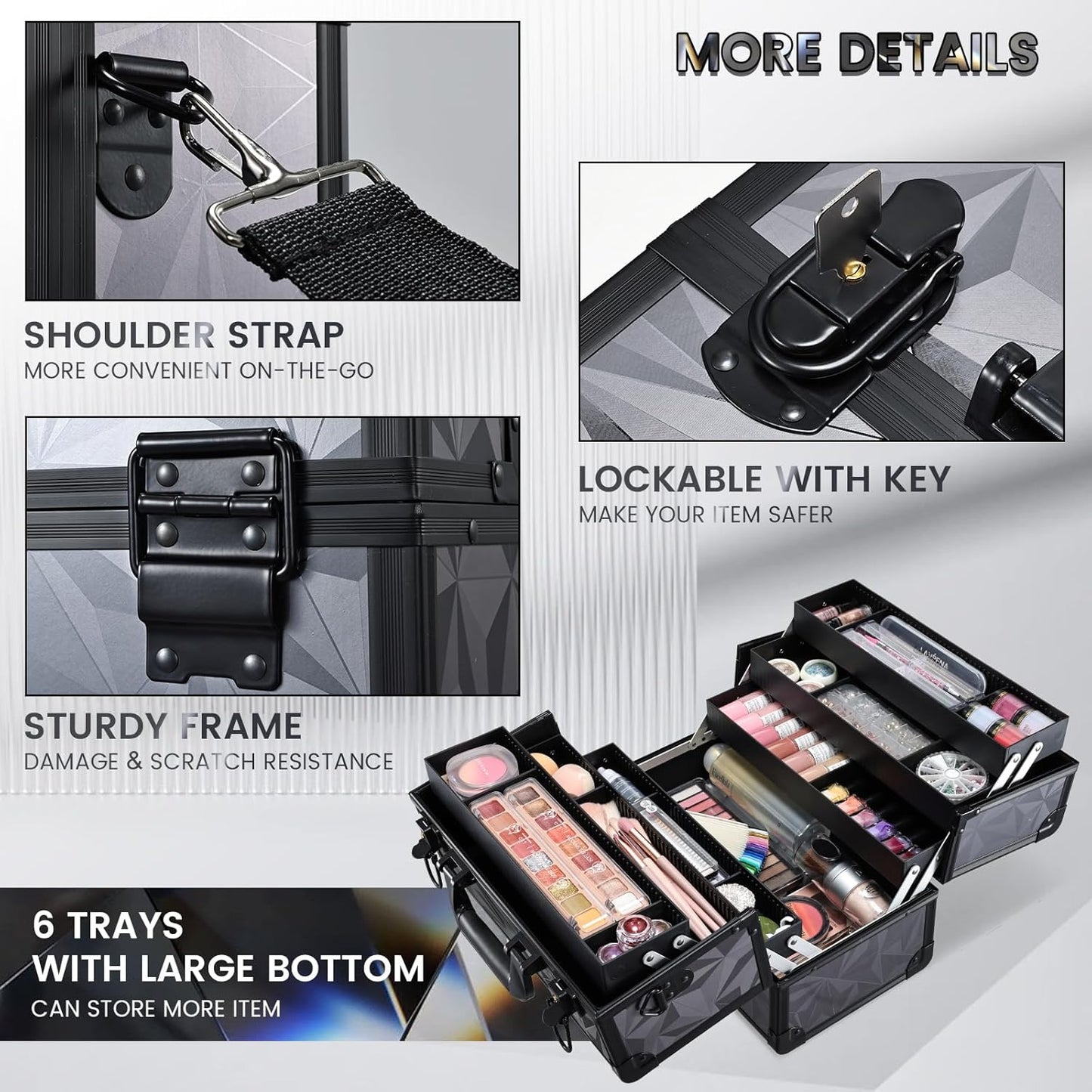 FRENESSA Makeup Case Extra Large Makeup Train Case 12.6 Inch Makeup Box Organizer Profressional Make Up Cases Storage Cosmetic Artist Travel Case with Divider Shoulder Strap Hard Vanity Dark Black