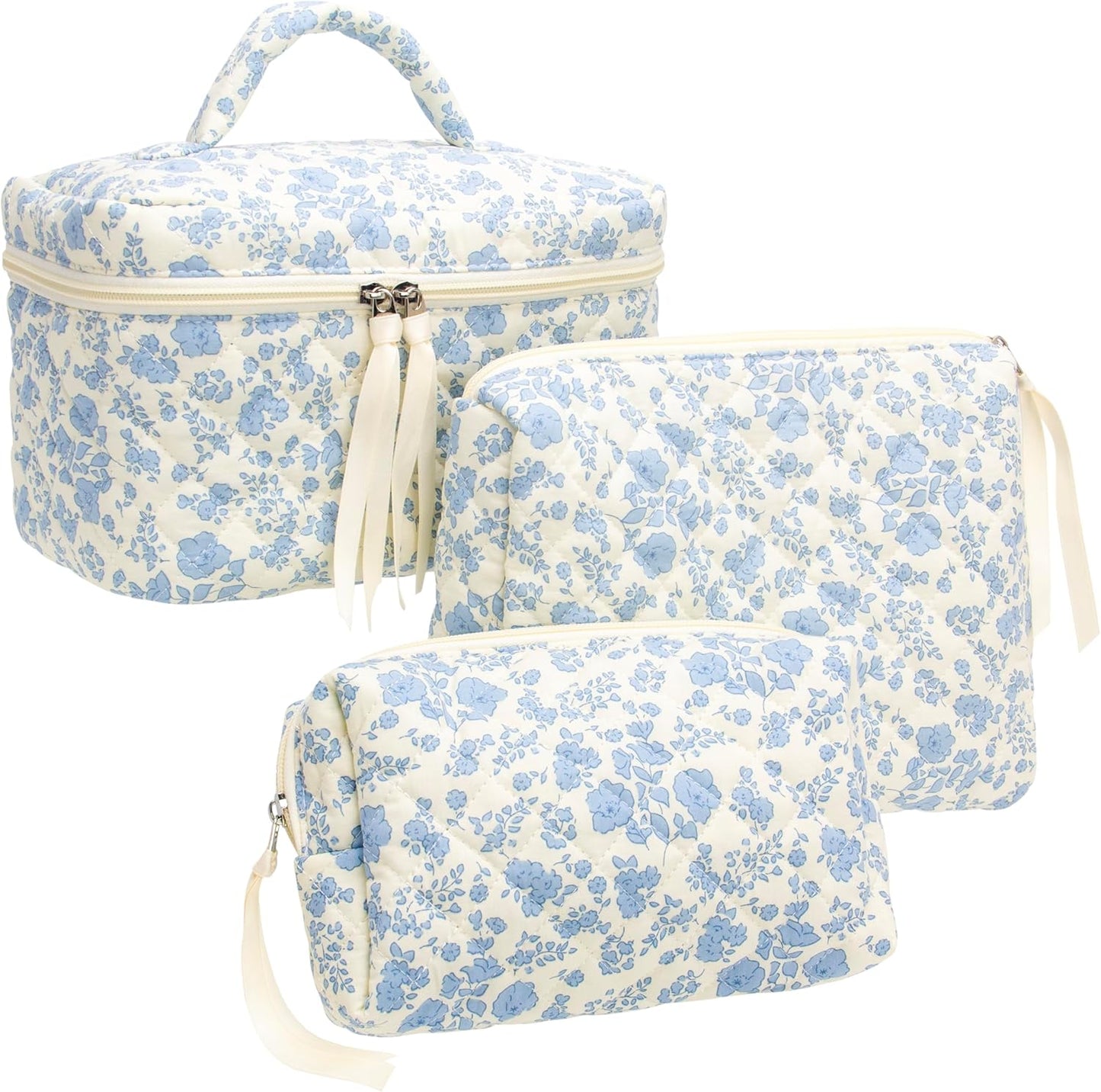 PAZIMIIK 3PCS Makeup Bag SET Large Travel Quilted Zipper Soft Cosmetic Case Pouch for Women Girls Make Up,Little Flower Blue