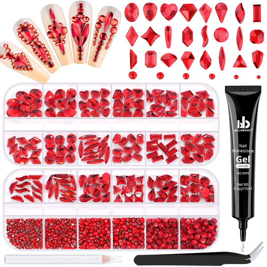 1680Pcs Red Glass Nail Rhinestones 180Pcs Multi Shapes Flatback Nail Gems + 1500Pcs 1.5-4mm Round Crystal with Rhinestones Glue Gel, Manicure Nail Charms Diamond Gemstones for Nail Art