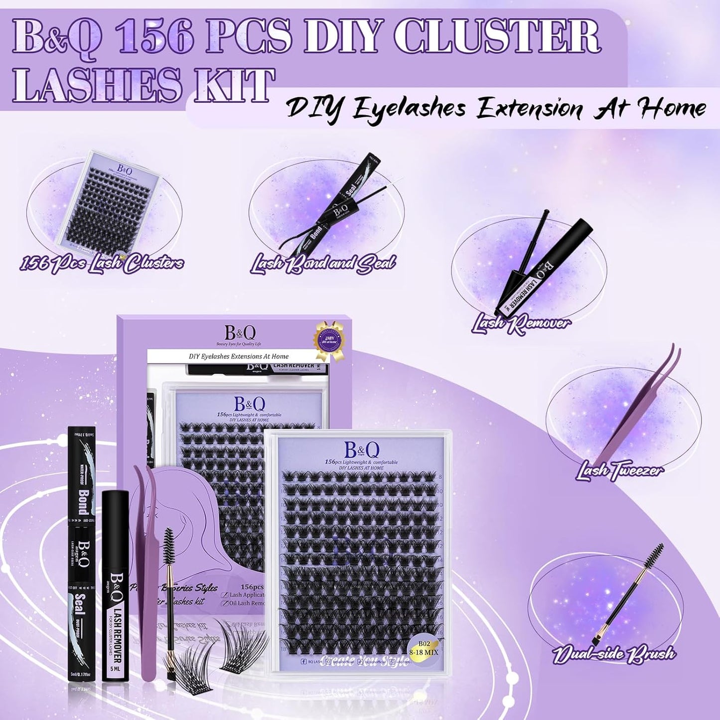 Lash Extension Kit B02 Eyelash Extension Kit B&Qaugen DIY Lash Extension Kit 156 PCS Lash Clusters 8-18mm Cluster Eyelash Extensions Kit with Lash Bond and Seal Lash Applicator Tool (Kit,B02)