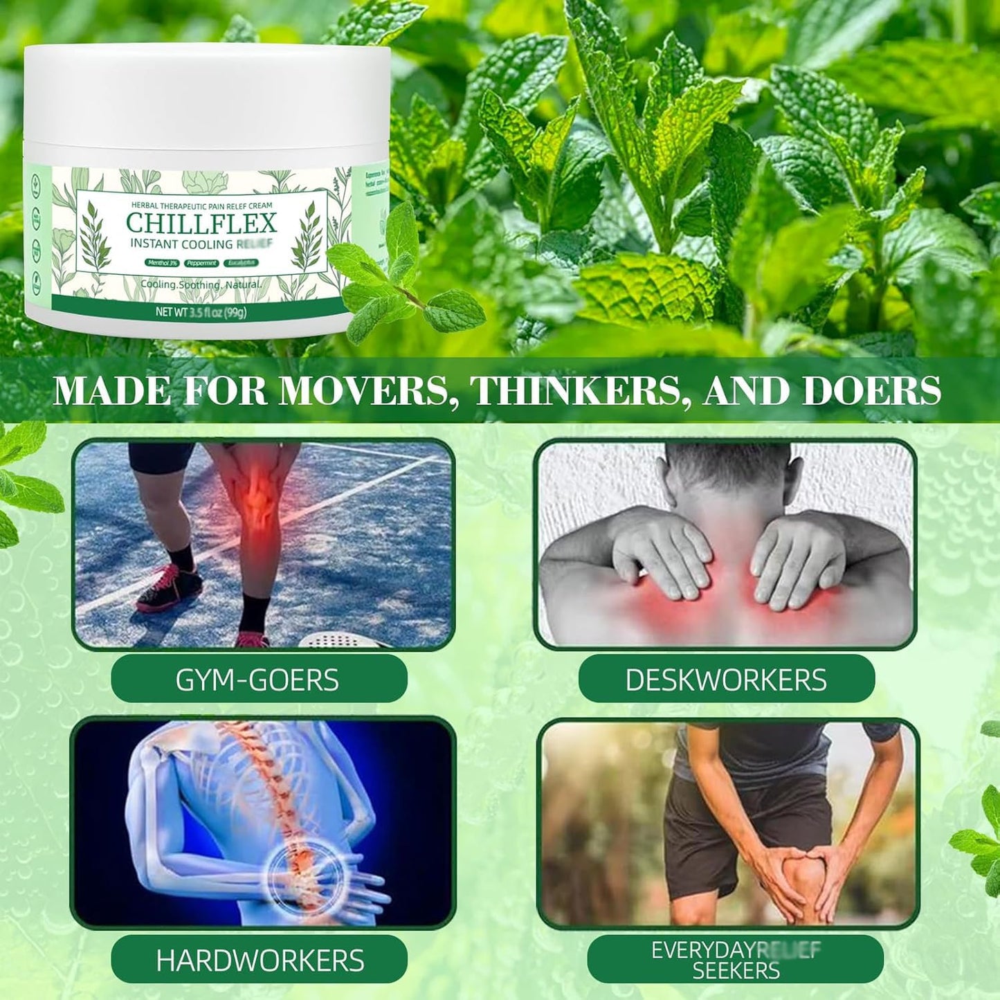 CHILLFLEX Menthol Soothing Cream, Joint Activities Throughout The Body，Instant Cooling Gel for Muscle & Joint, Back, Neck, Hands, Feet（1PCS）