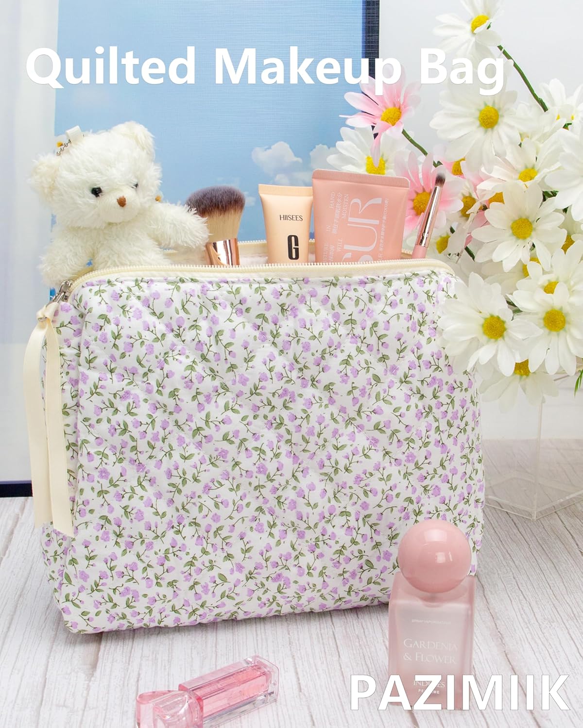 PAZIMIIK Quilted Makeup Bag Large Travel Zipper Soft Cosmetic Pouch for Women Girls Make Up,Floral Purple
