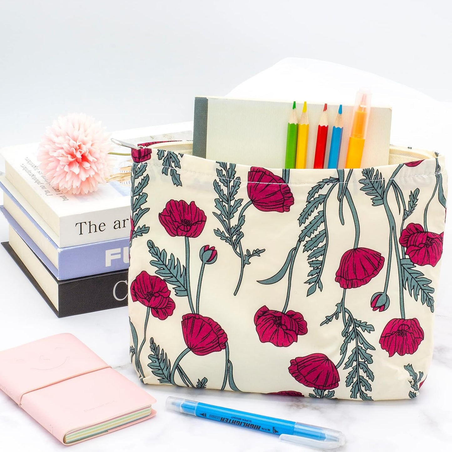 PAZIMIIK Floral Makeup Bag Large Cotton Zipper Pouch for Purse Travel Canvas Make Up Organizer for Women Cosmetic,Poppy Beige