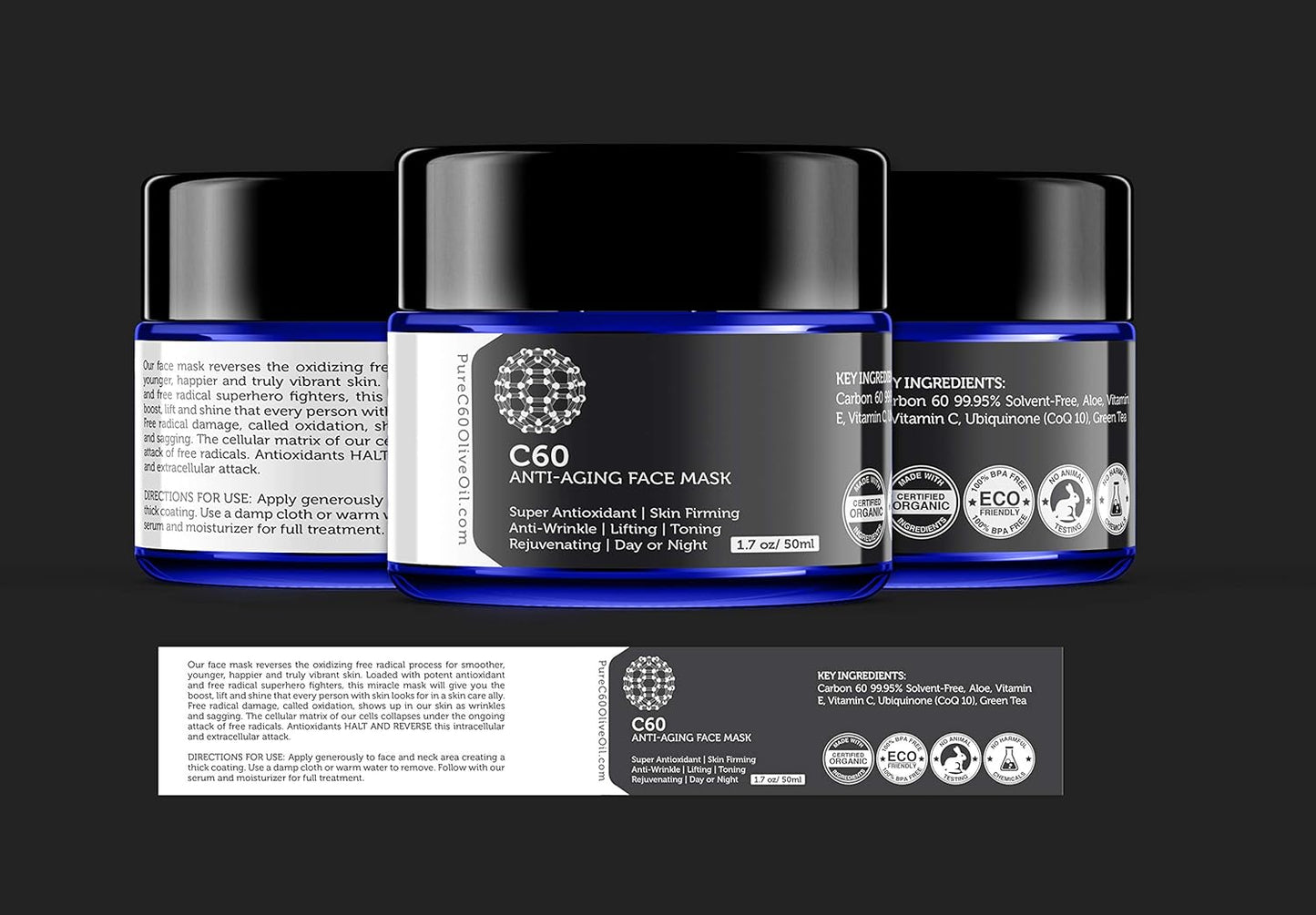 C60 Anti-Aging Face Mask 50ml with Green Tea, Aloe, Ubiquinone (CoQ 10), Vitamin E and Vitamin C for Men & Women Made with Organic Ingredients - From The Leading Global Producer