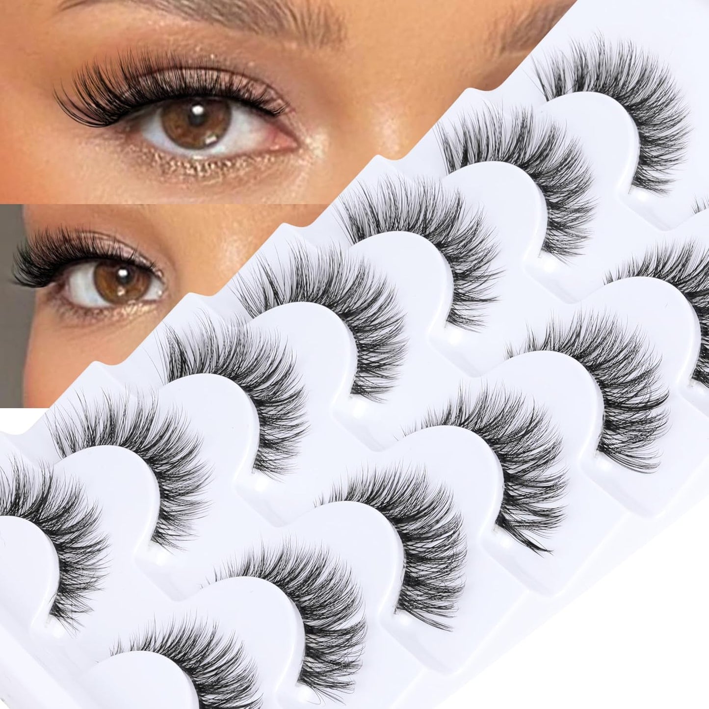 JIMIRE Lashes with Clear Band Demi-Wispies Fluffy Faux Mink Eyelashes Wispy Cat-Eye False Eyelashes Natural Look 7 Pairs Pack